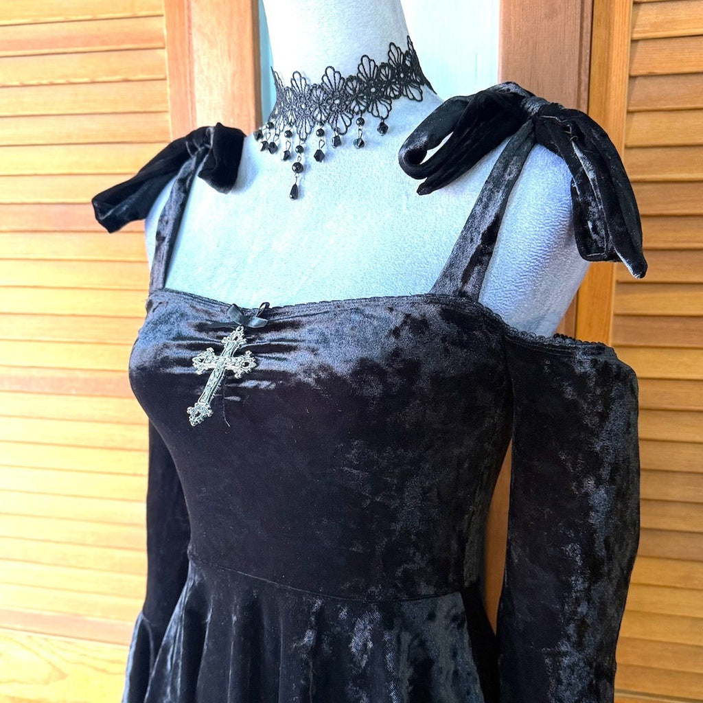 Doll Kill Gothic Dark Fairycore Black Velvet Tie Shoulder Mini Dress