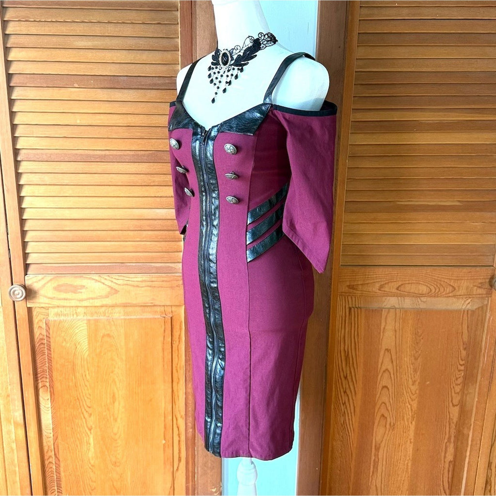 Killstar Punk Goth Cyber Pinup Y2K Sexy Bodicon Burgundy Red & Black Dress XS