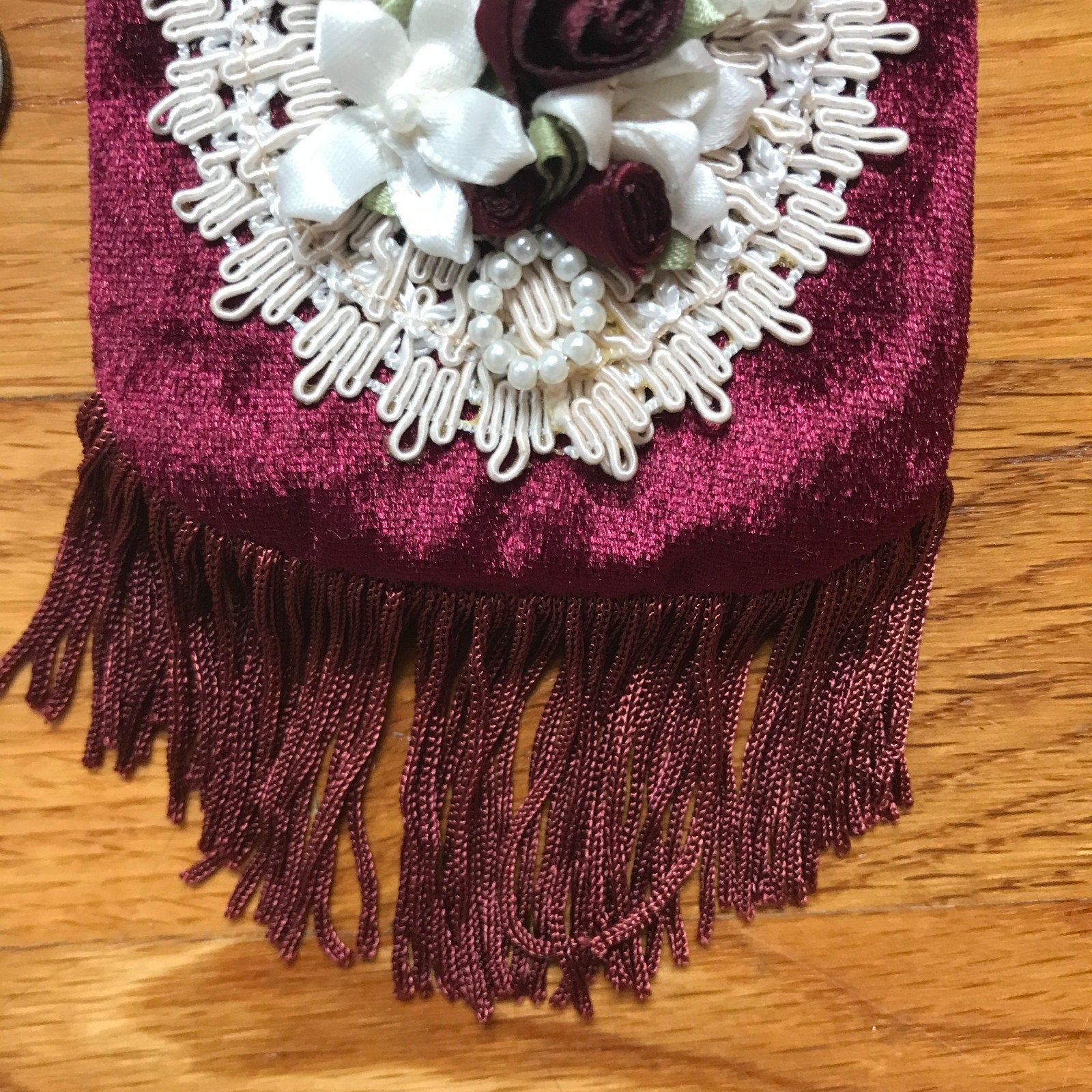 Gothic Victorian Vampire Burgundy Velvet White Lace Roses Lilies Tiny Coin Bag