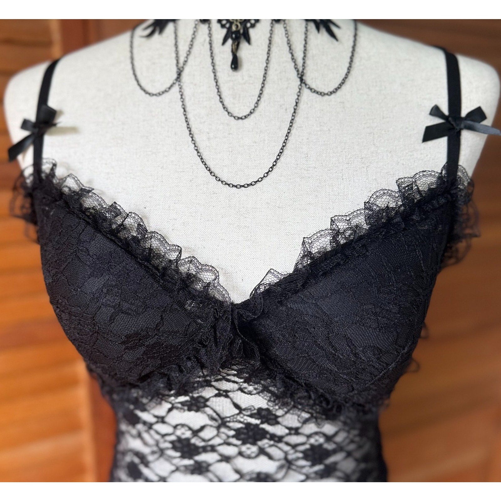 Gothic Lolita Victorian Fairycore Dark Cottage EGL Black Lace Bows Cami Top