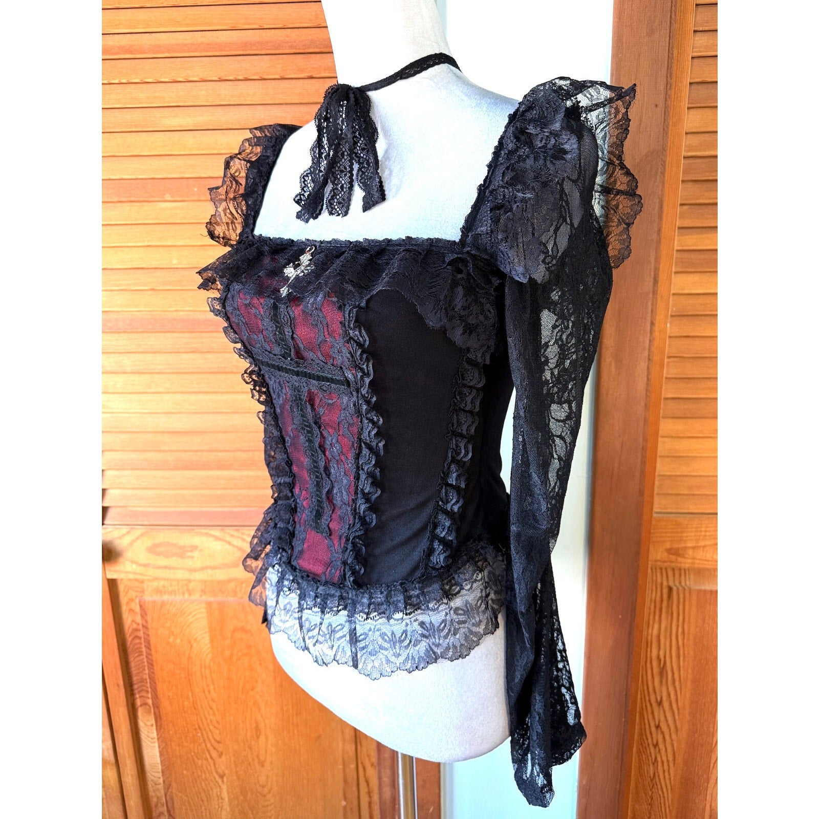 Gothic Victorian Vampire Cross Black & Red Lace Trim Long Sleeve Top