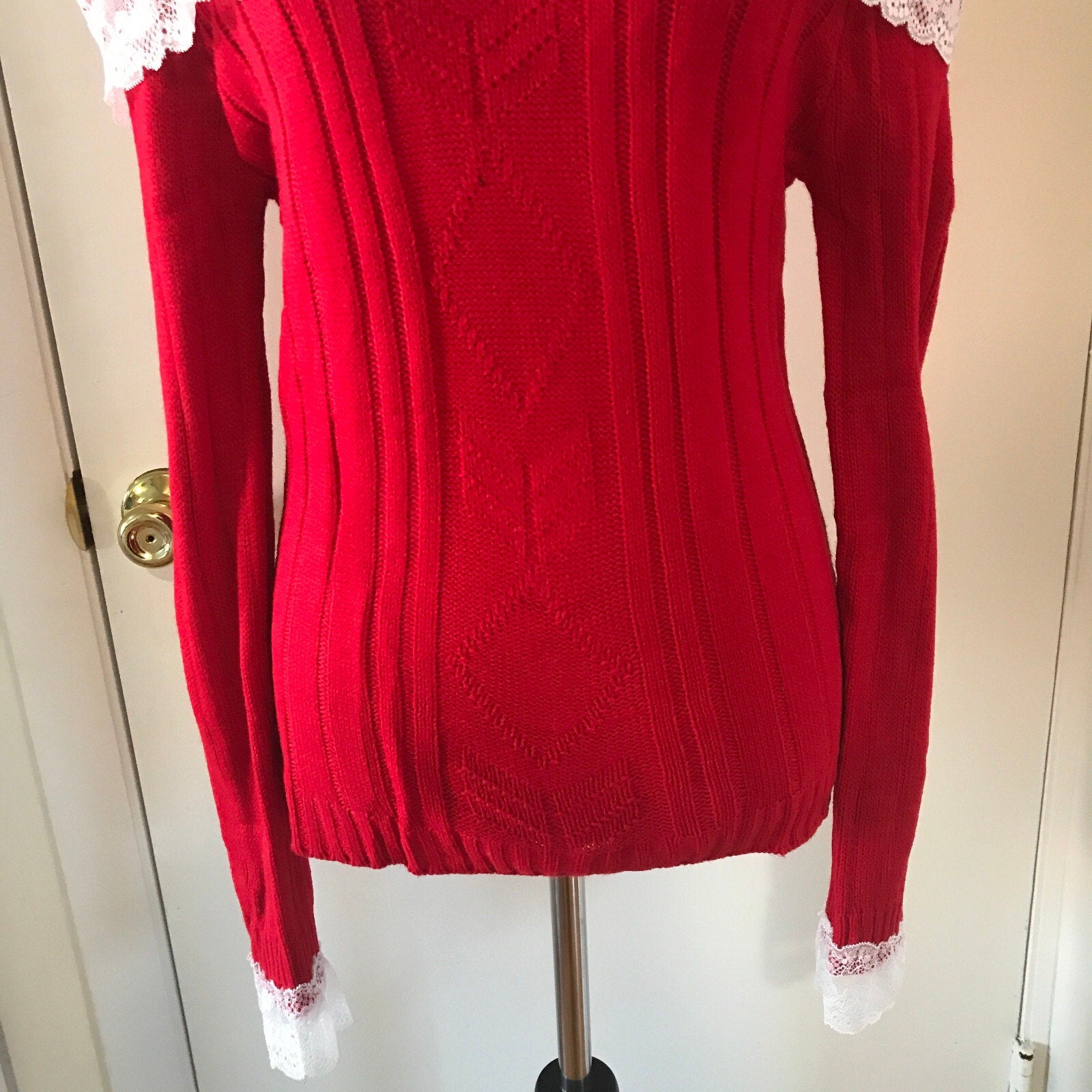 Victorian Lolita Kawaii J-fashion Red Fold-Over White Lace Sweater S