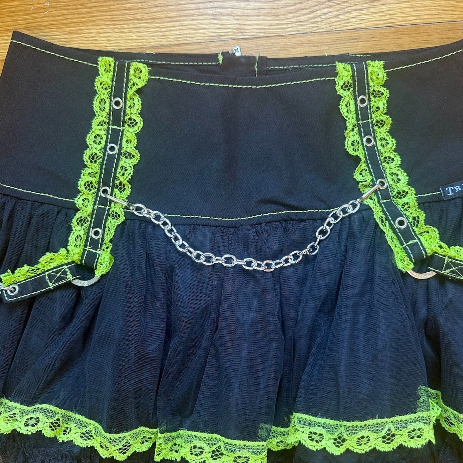 Tripp NYC Gothic Lolita Punk Black Green Lace & Chains Tulle Tutu Mini Skirt XL