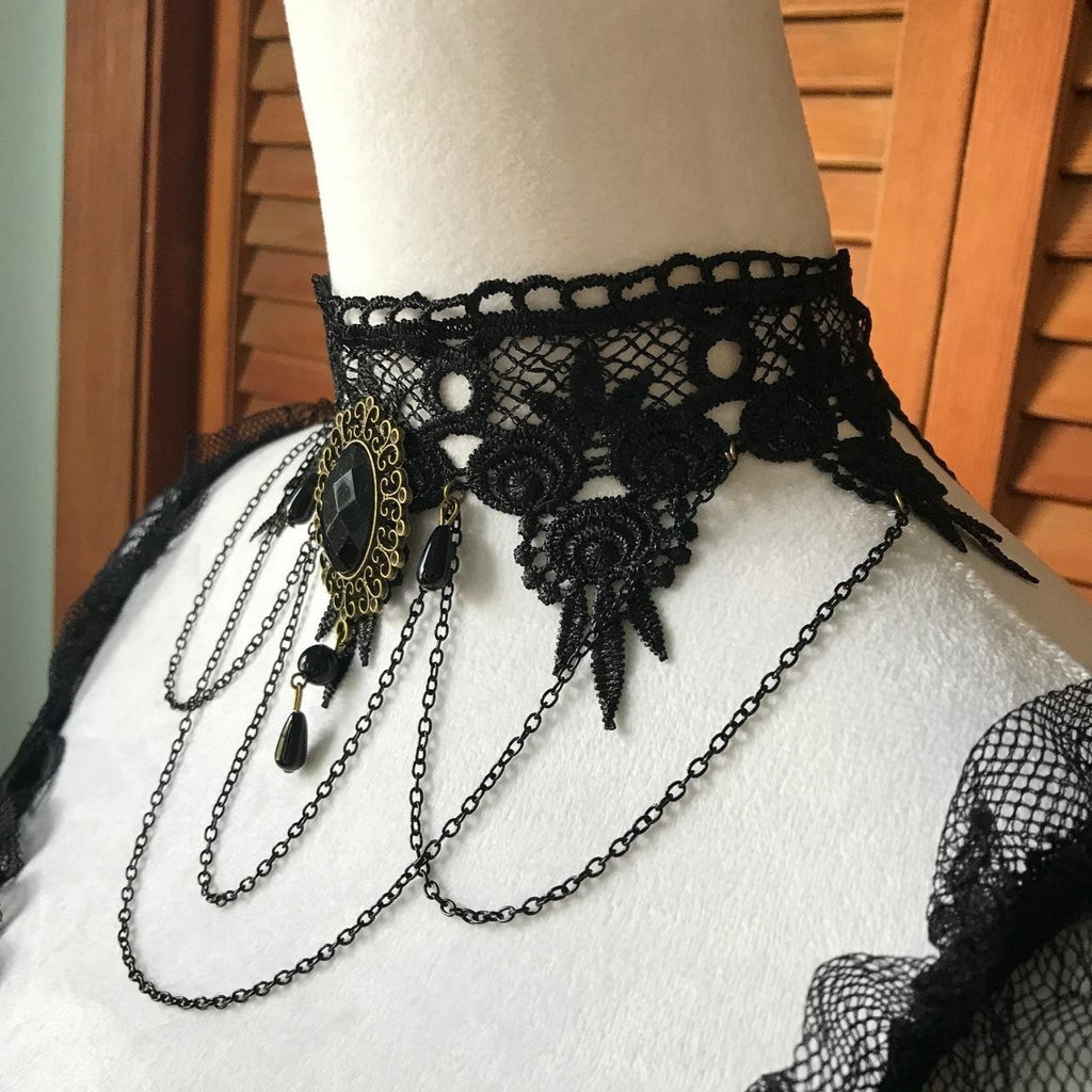 Gothic Victorian Vampire Whimsigoth Vkei Black Lace & Chains Choker Necklace