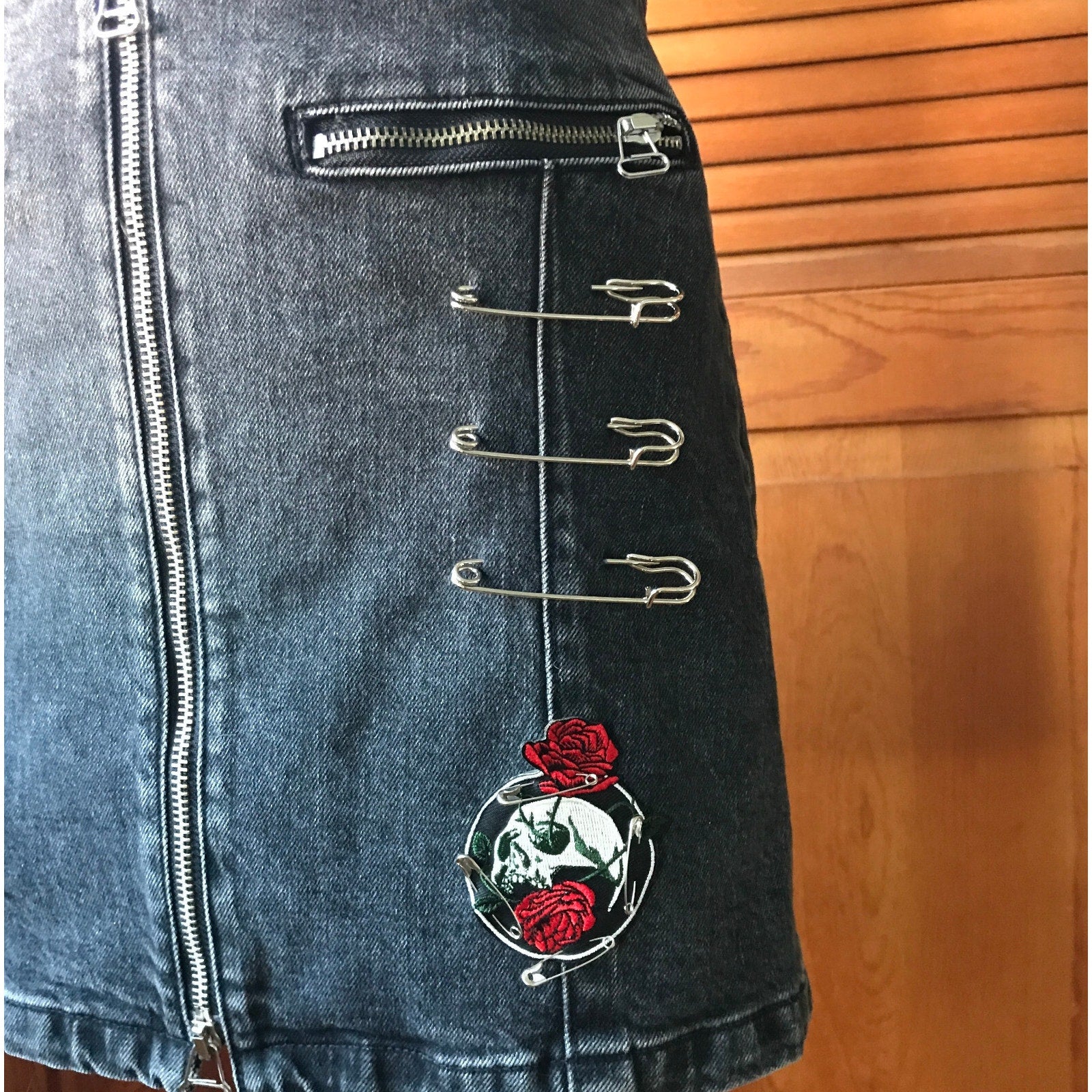 Punk Goth Dark Gray Denim Patches, Safety Pins & Chains Skirt XS 0