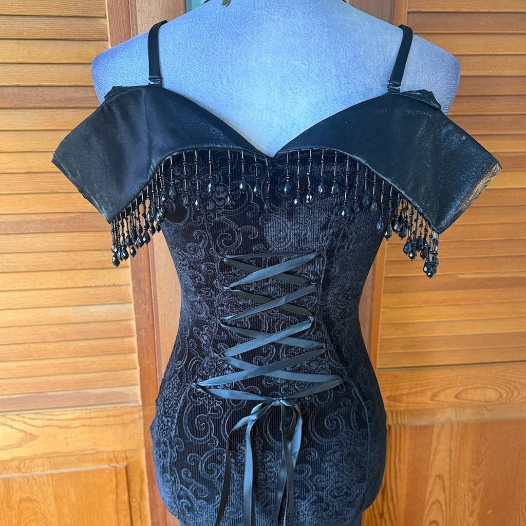 Devil Fashion Gothic Victorian 'Vampire Masquerade' Black Velvet Beaded Gown