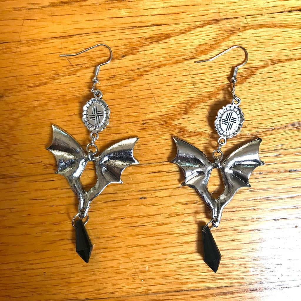 Gothic Victorian Vampire Witchcore Black & Silver Large Batwing Earrings