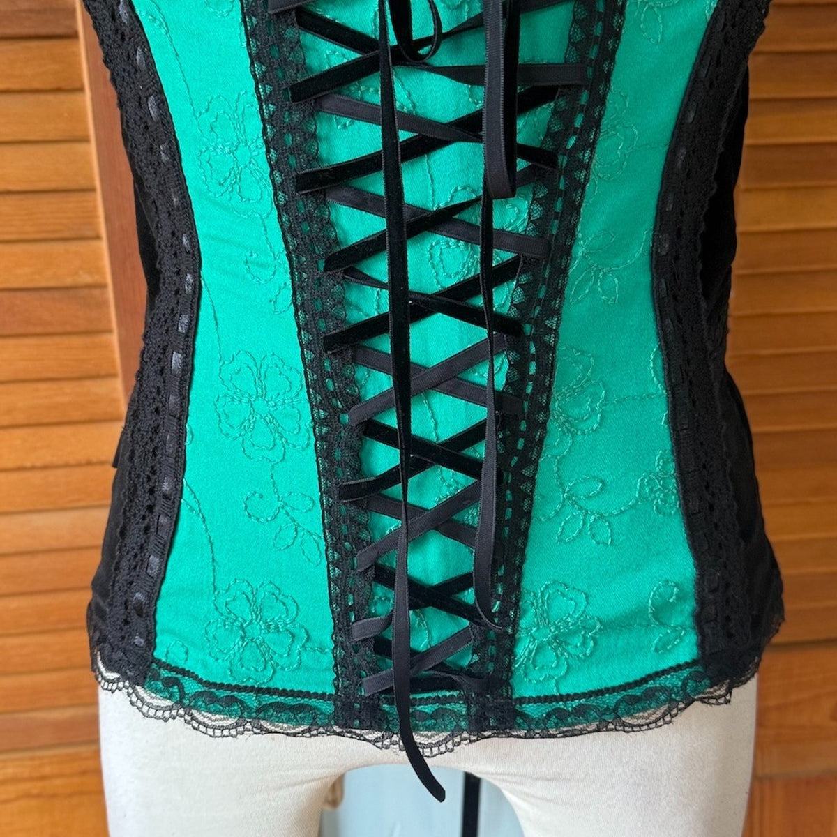 Vintage Tripp NYC Black Velvet Green Jacquard Lace Up Front & Back Corset Top L