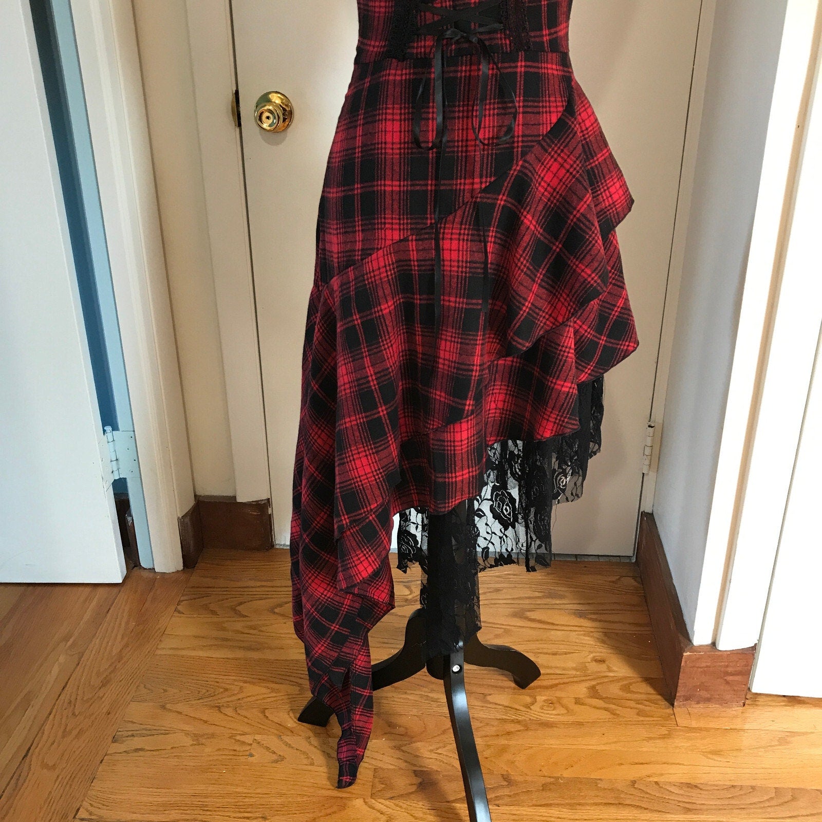 Punk Goth Visual Kei Red & Black Plaid Tartan Asymmetrical Hem Dress S