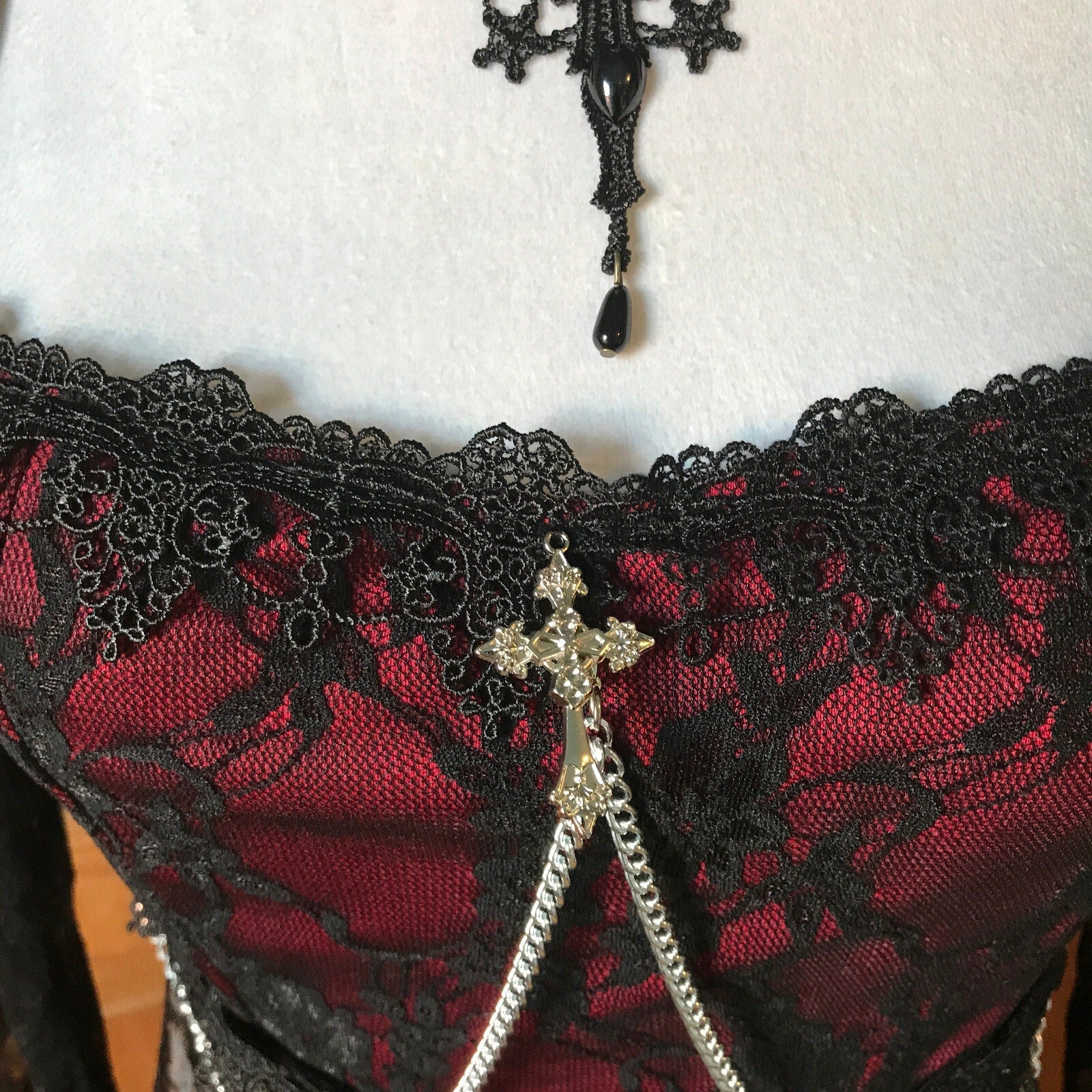 Gothic Victorian Scarlet Dreams Black Velvet & Lace Chain Cross Gown Dress
