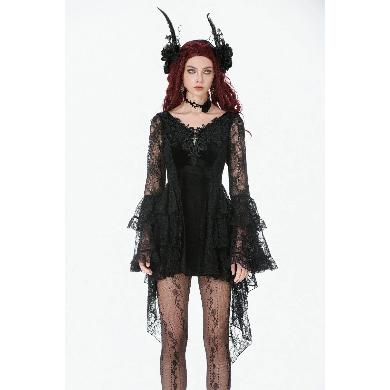 Dark In Love Gothic Victorian Dark Temptations Velvet Lace Bell Sleeve Dress