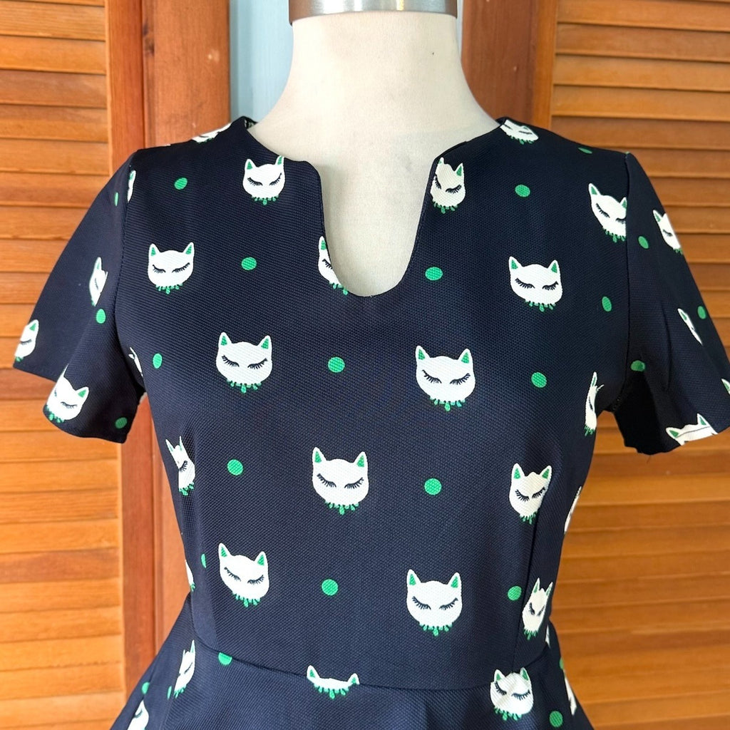 Vintage Retro Navy Blue Elegant Kitty Cat Peplum Dress M