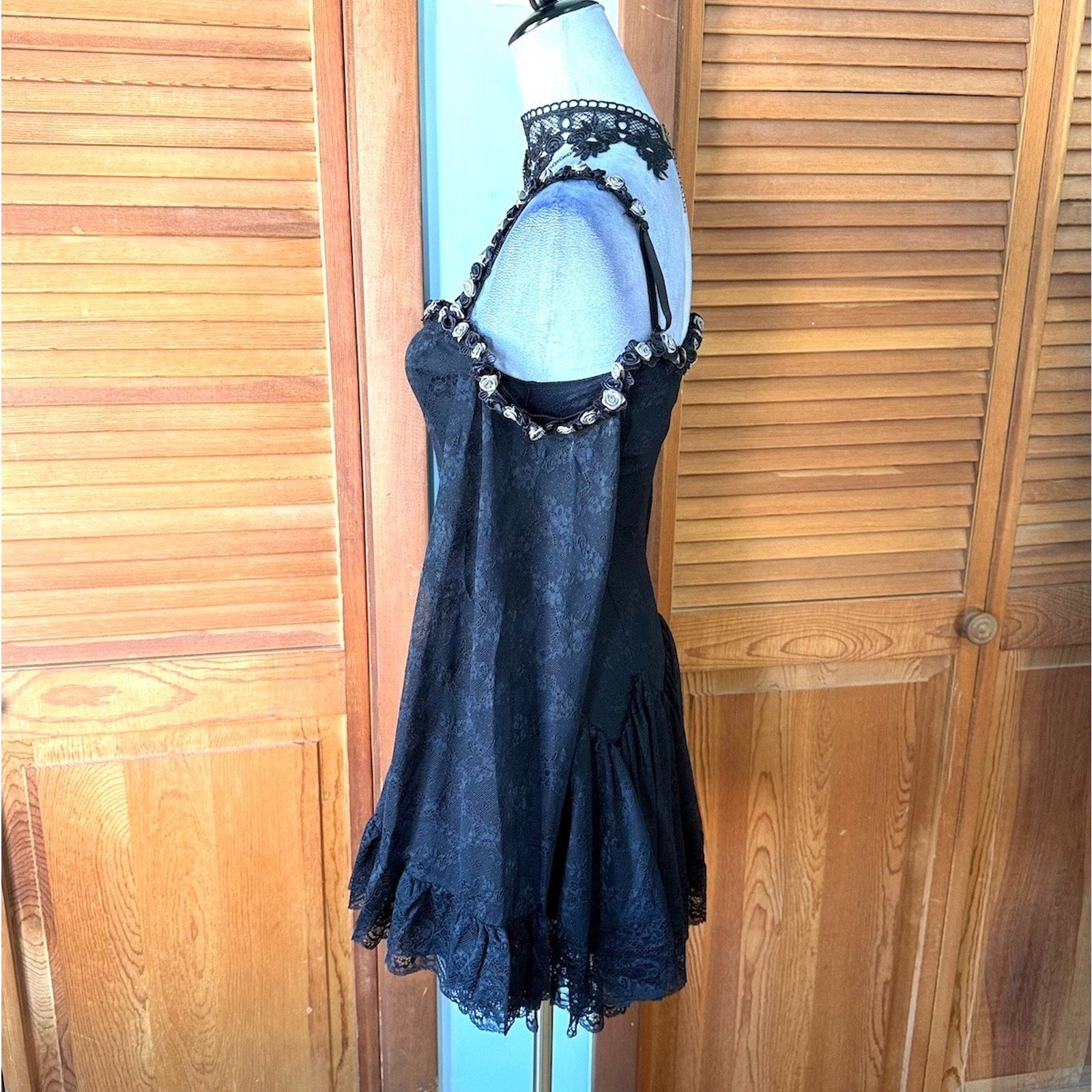 Dolls Kill Black & Gray Rose Trim Dark Fairycore Black Lace Mini Dress