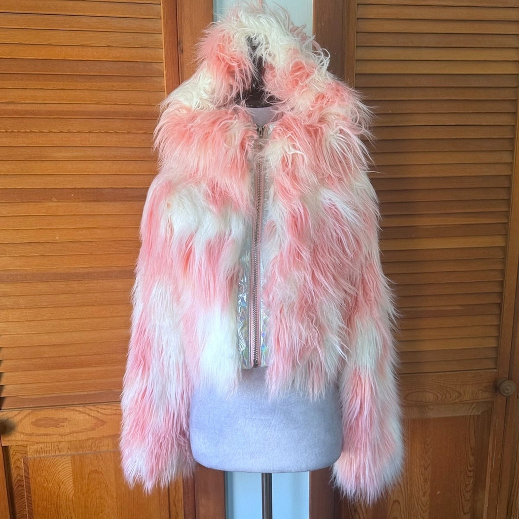 Vintage Lip Service 24 Hours Cyber Goth Punk Y2K Pink White Faux Fur Jacket XS