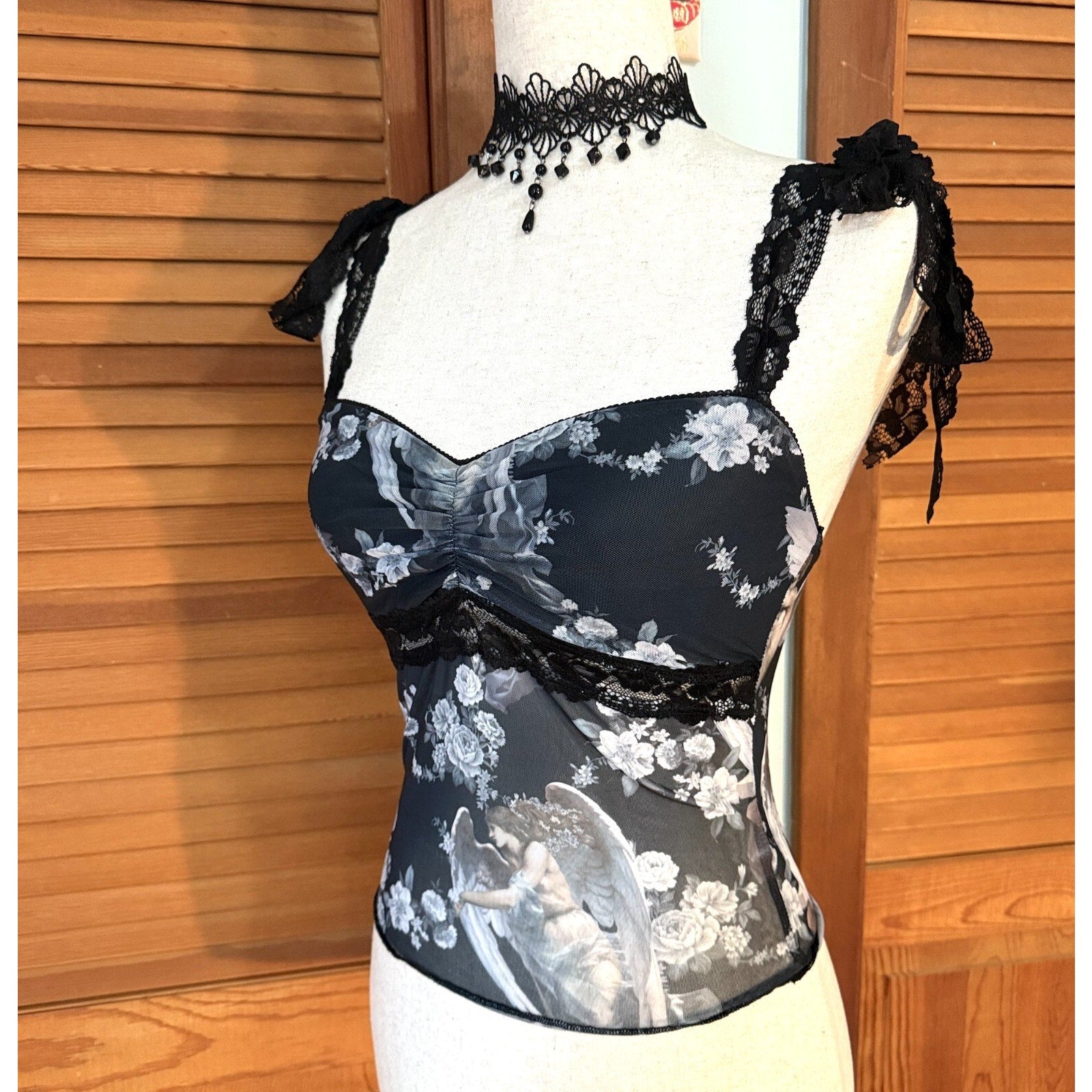 Dolls Kill Gothic Victorian Come My Sweet Angel Floral Lace Strap Cami Top