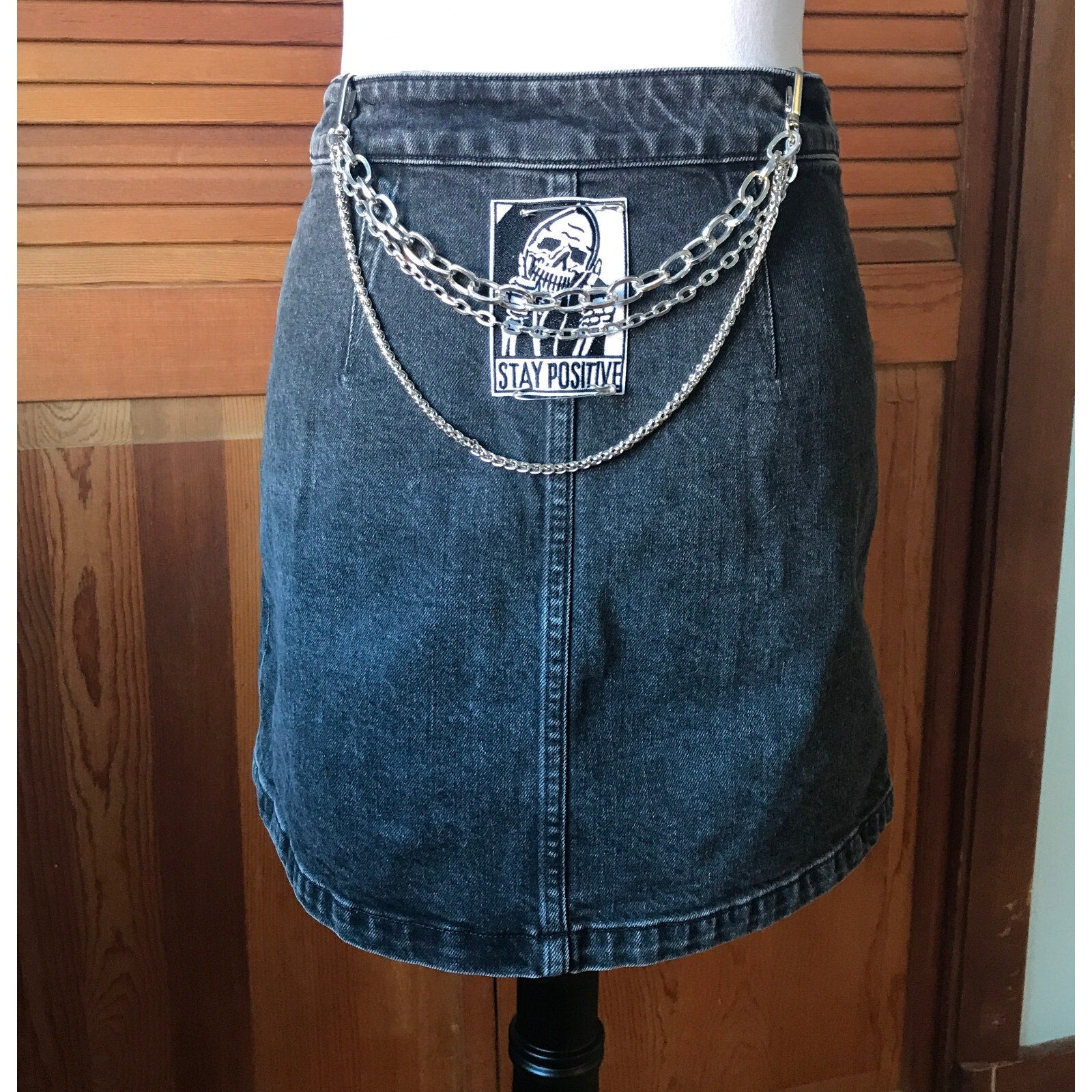Punk Goth Dark Gray Denim Patches, Safety Pins & Chains Skirt XS 0