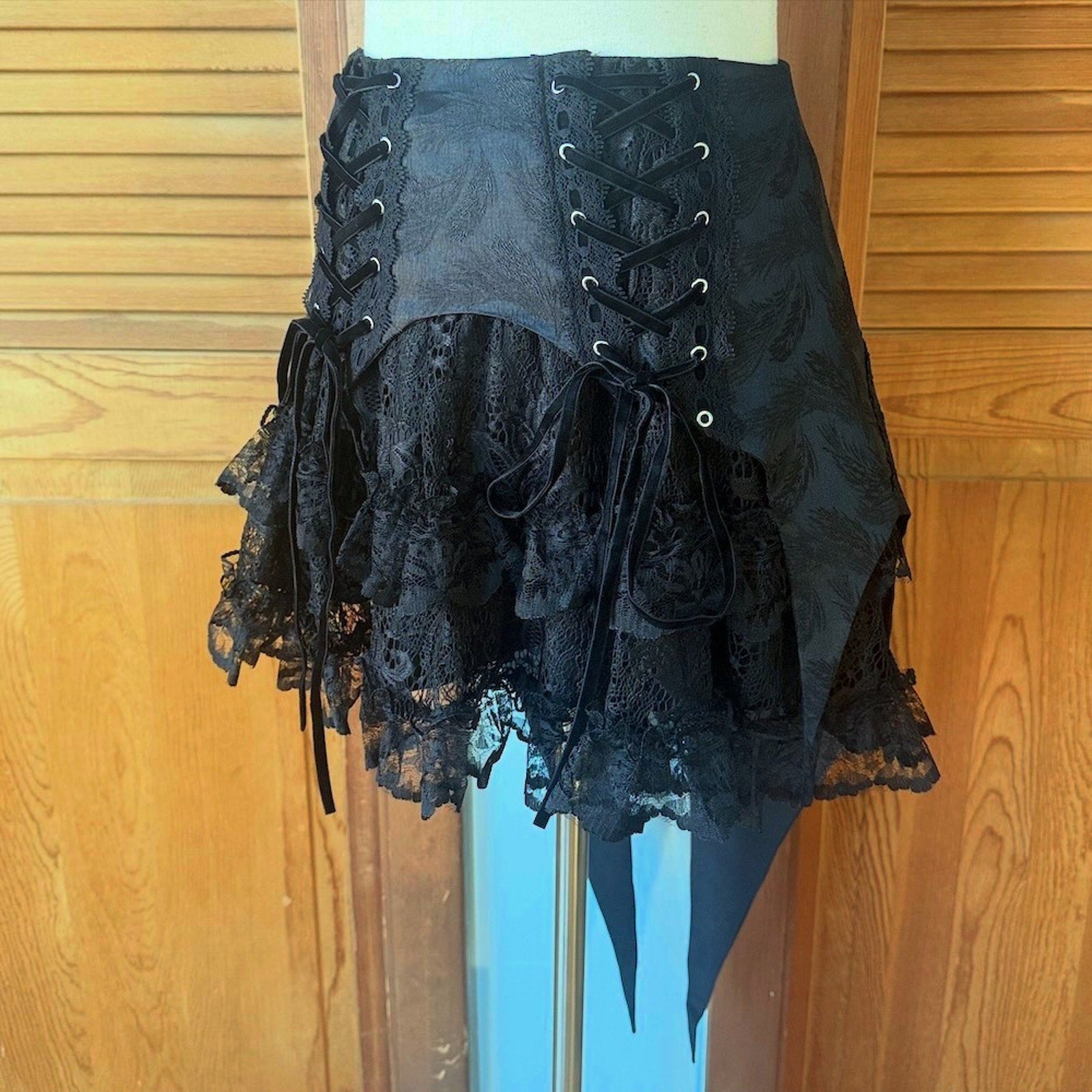 Dark in Love Gothic Victorian Vampire Black Brocade & Lace Swallow Tail Skirt