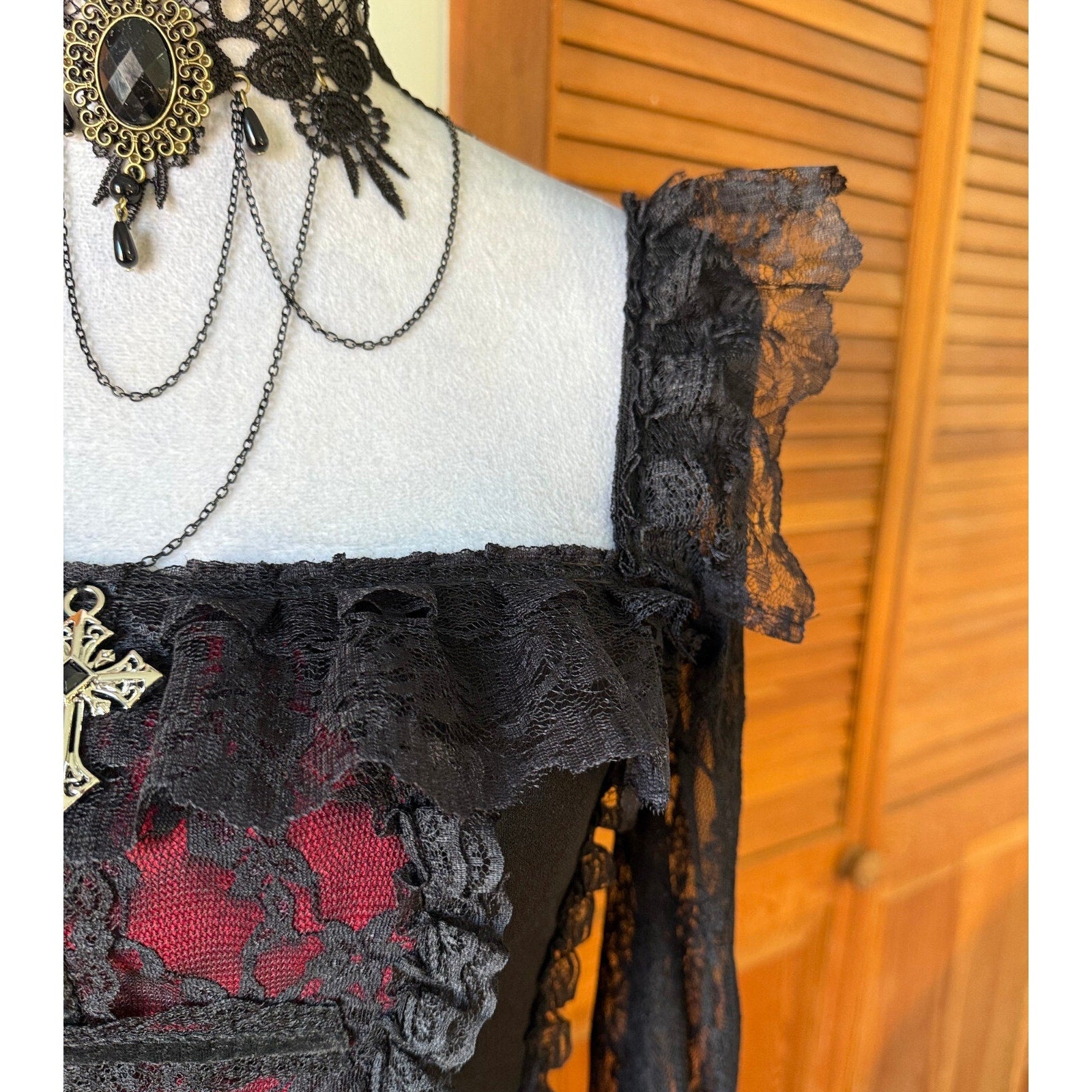Gothic Victorian Vampire Cross Black & Red Lace Trim Long Sleeve Top
