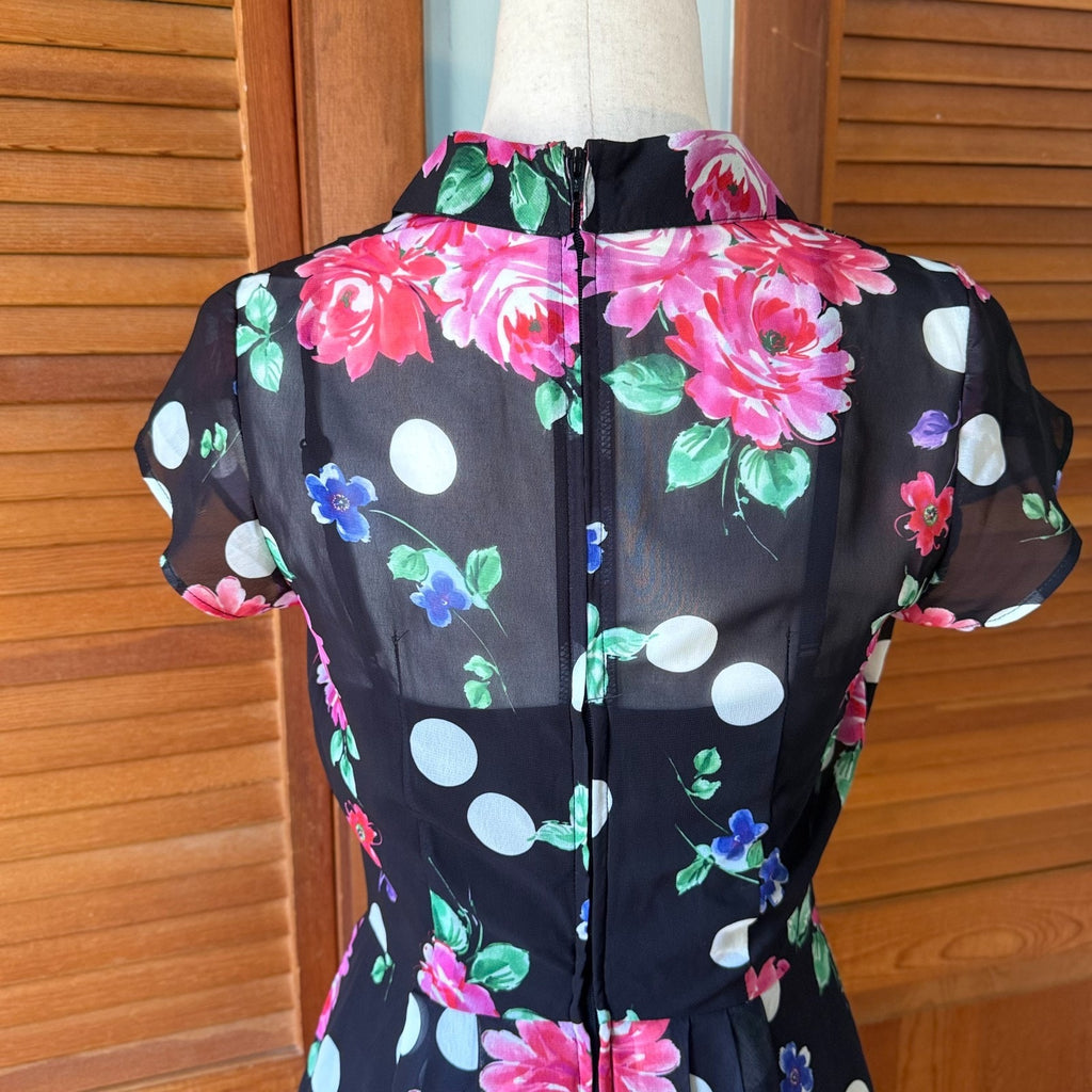 Hell Bunny Black Pink Rose Dark Cottage Retro Romantic Feminine Dress XS