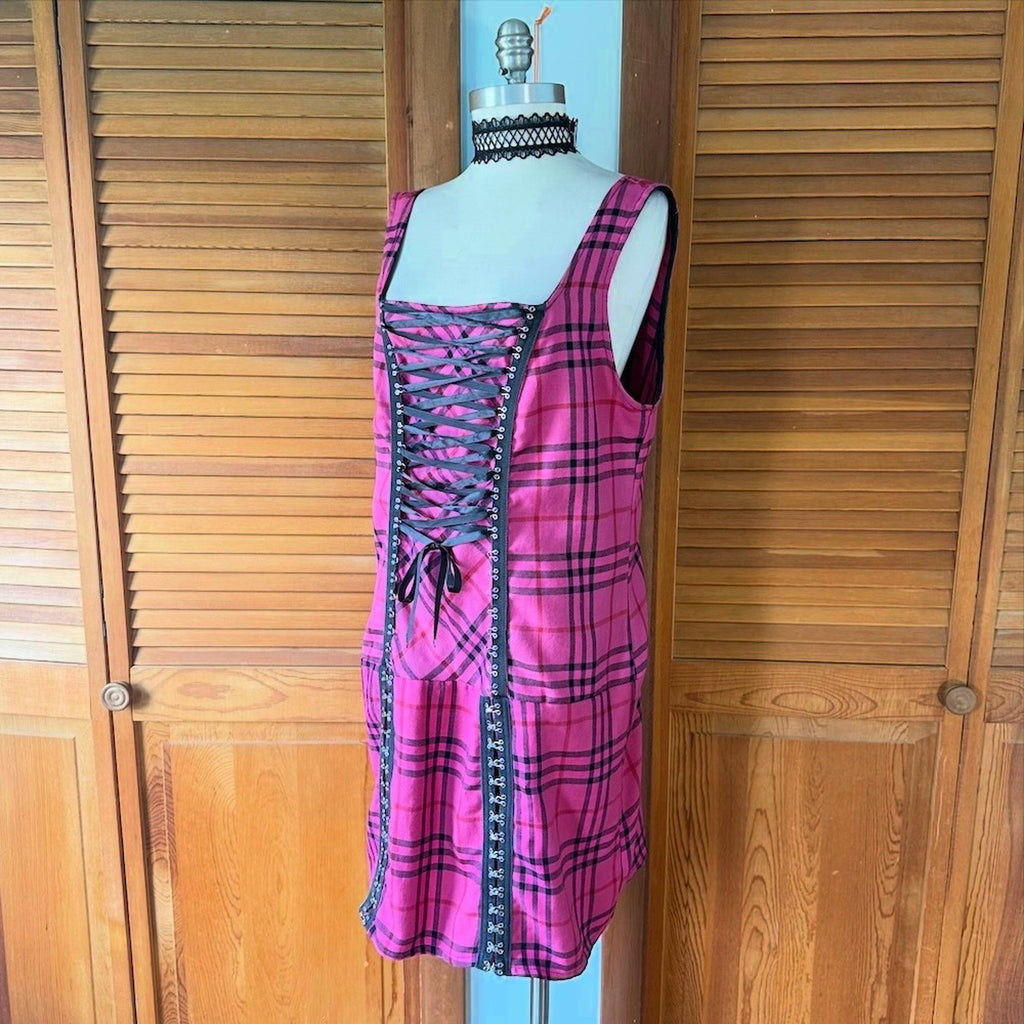 Vintage Lip Service Punk Goth Pink Plaid Lace-Up Hooks Dress Size 16