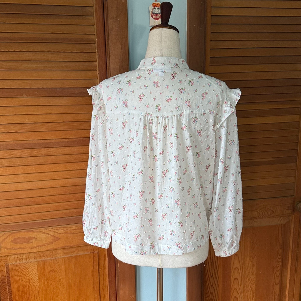 Vintage Style Romantic Victorian Whimsigoth White Cotton Pink Rose Ruffle Shirt