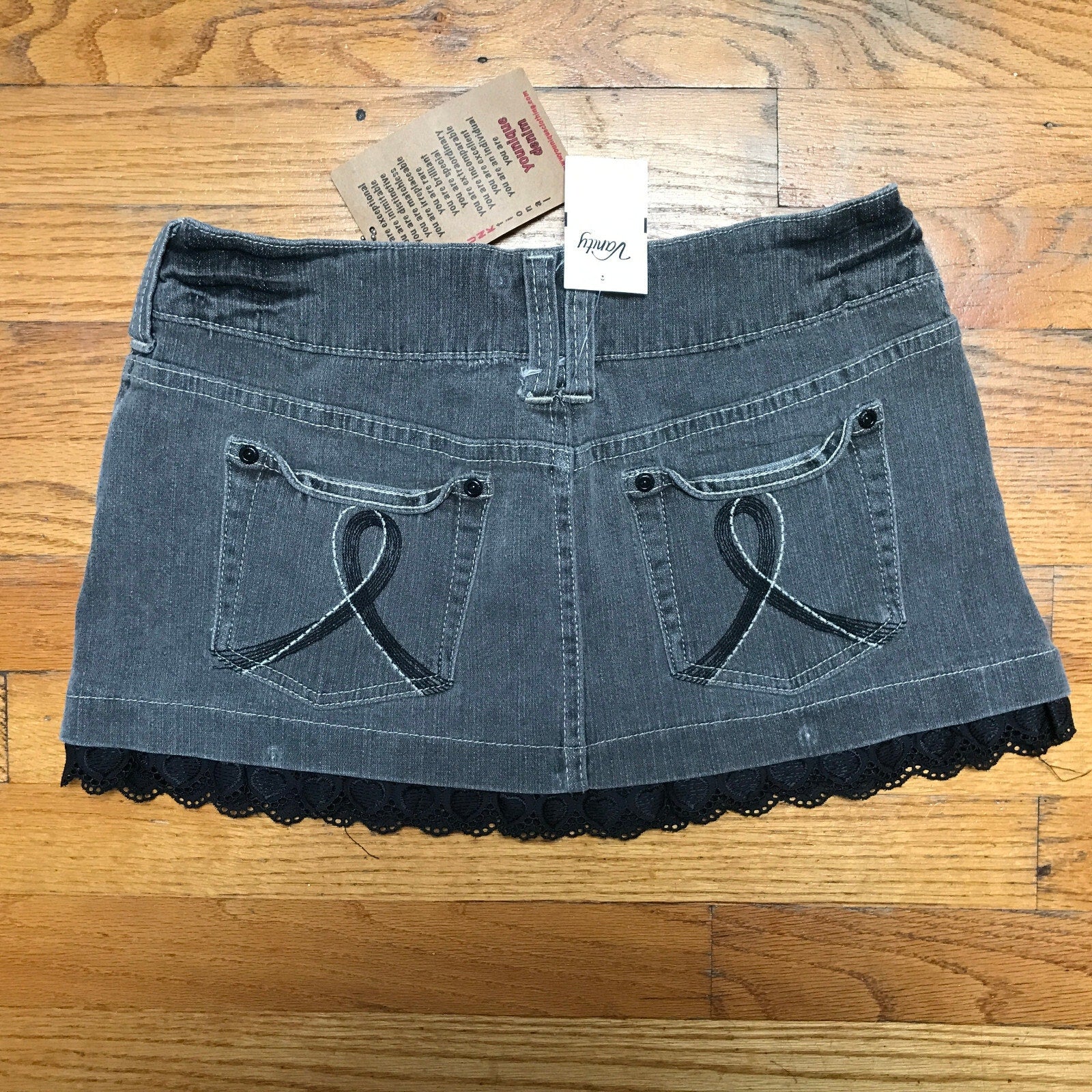 Punk Goth Gray Denim Rainy Day Mini Skirt w/ Black Lace Trim 9
