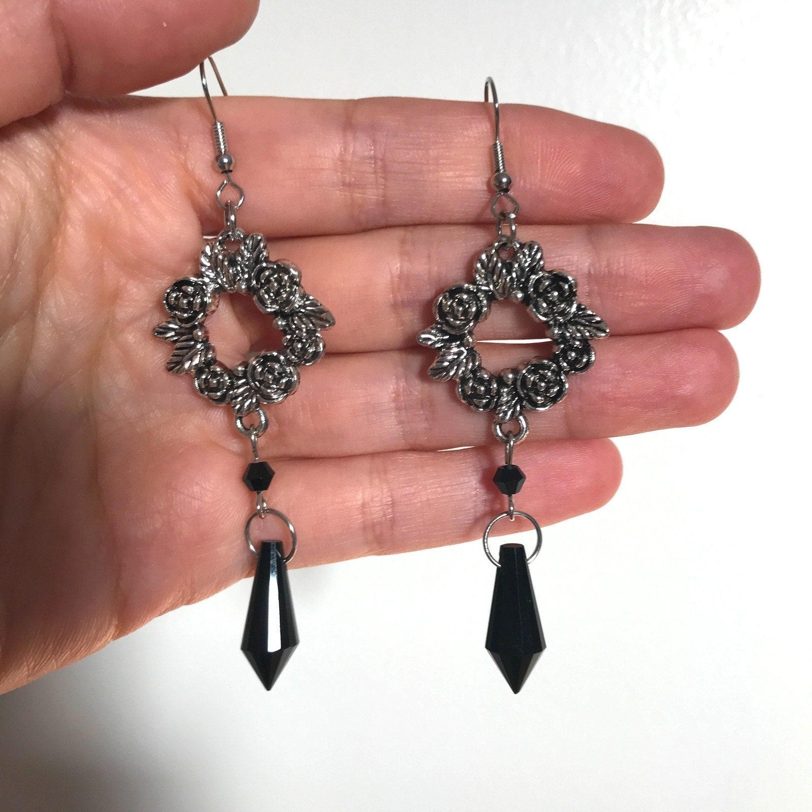 Gothic Victorian Vampire Witchcore EGL Black & Silver Large Rose Circle Earrings