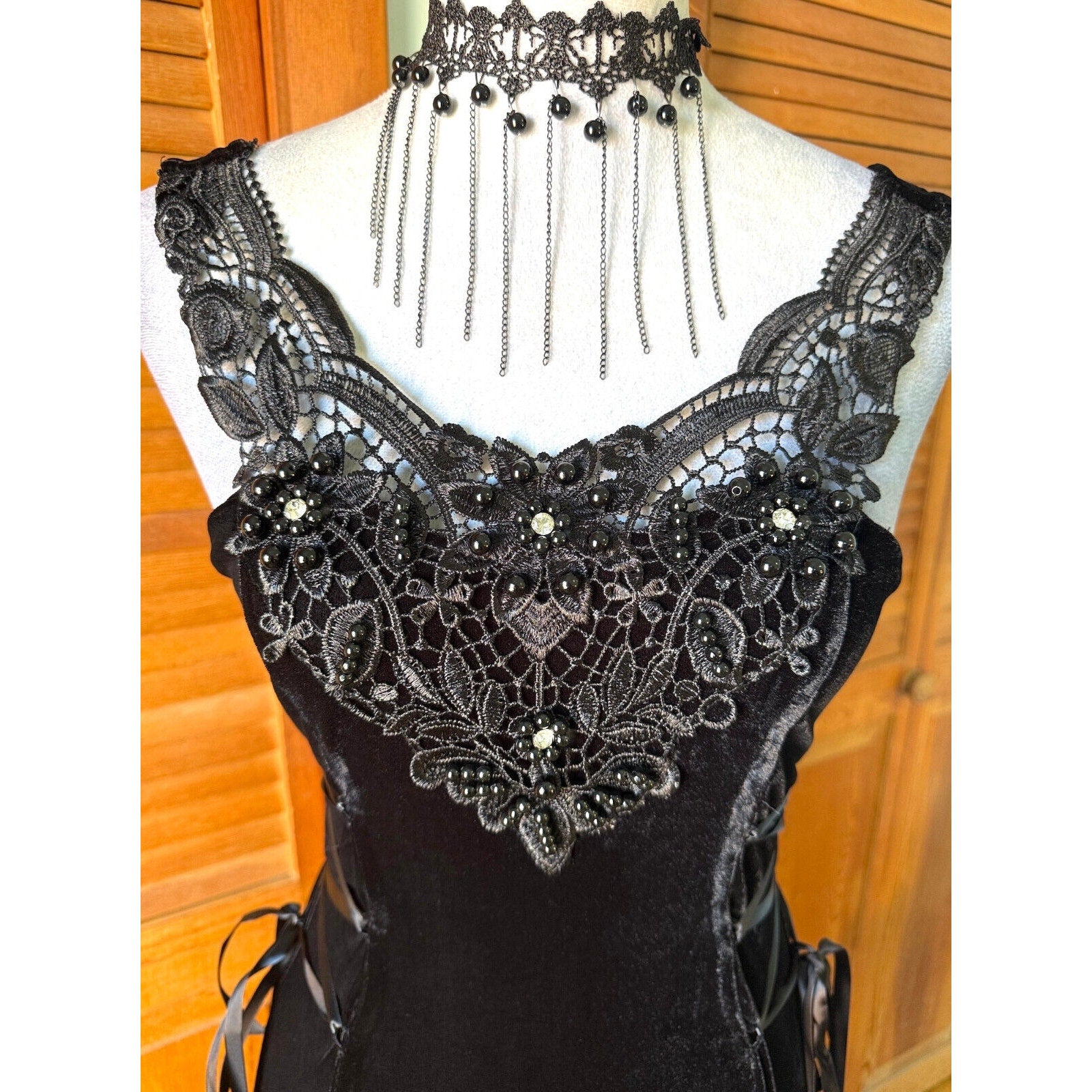 Devil Fashion Gothic Victorian Dark Fairy Beaded Lace-Up Sides Mini Dress