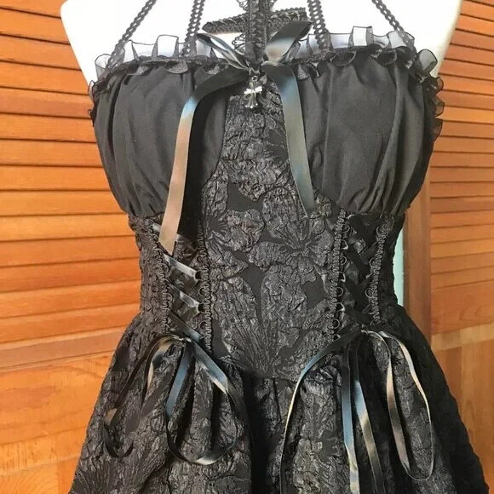 Gothic Lolita EGL Dark Fairycore Visual Kei Black Cross Lace Choker Mini Dress