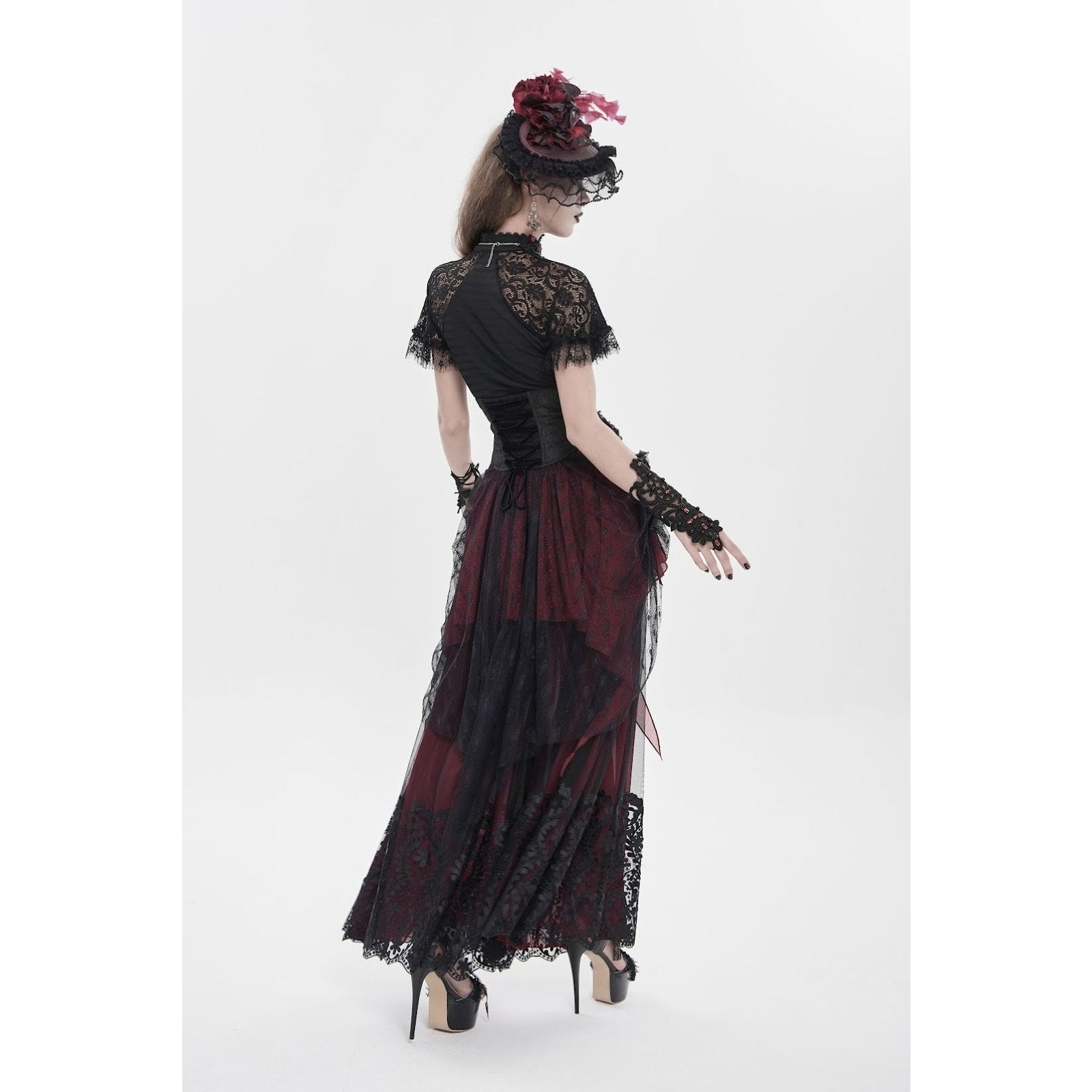 Devil Fashion Gothic Victorian Vampire Red Black Rose Cross Cincher Overskirt