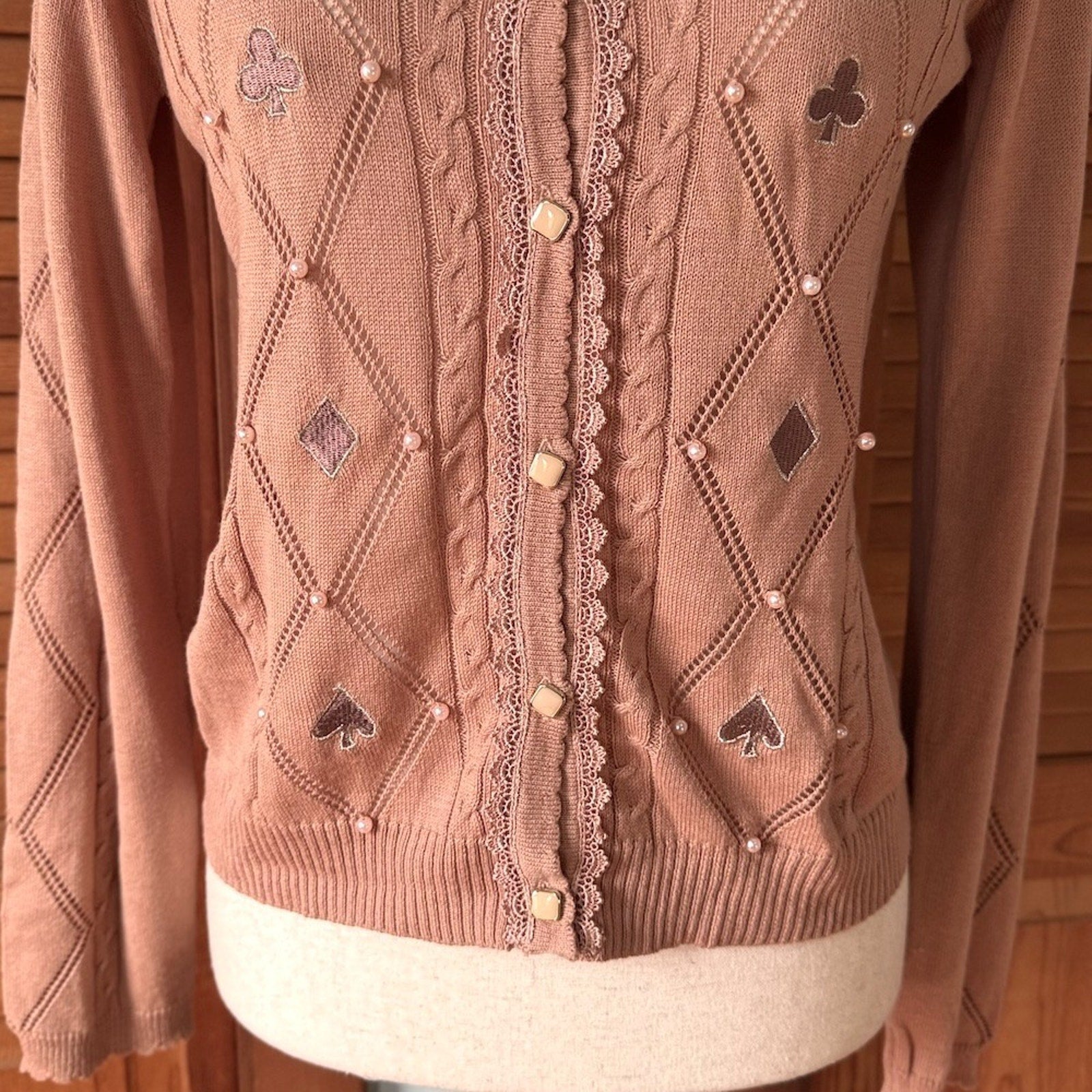 Axes Femme J-fashion Kawaii Dusty Pink Card Suits Pearls Cardigan Sweater M
