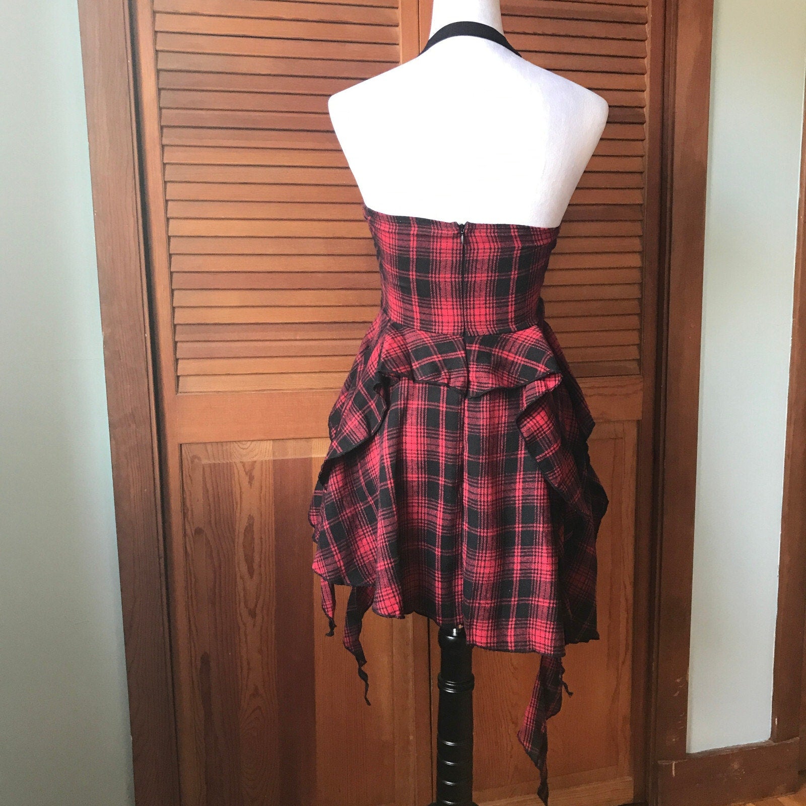 Punk Goth Red Plaid Tartan Pixie Hem Shoulder Strap Dress M