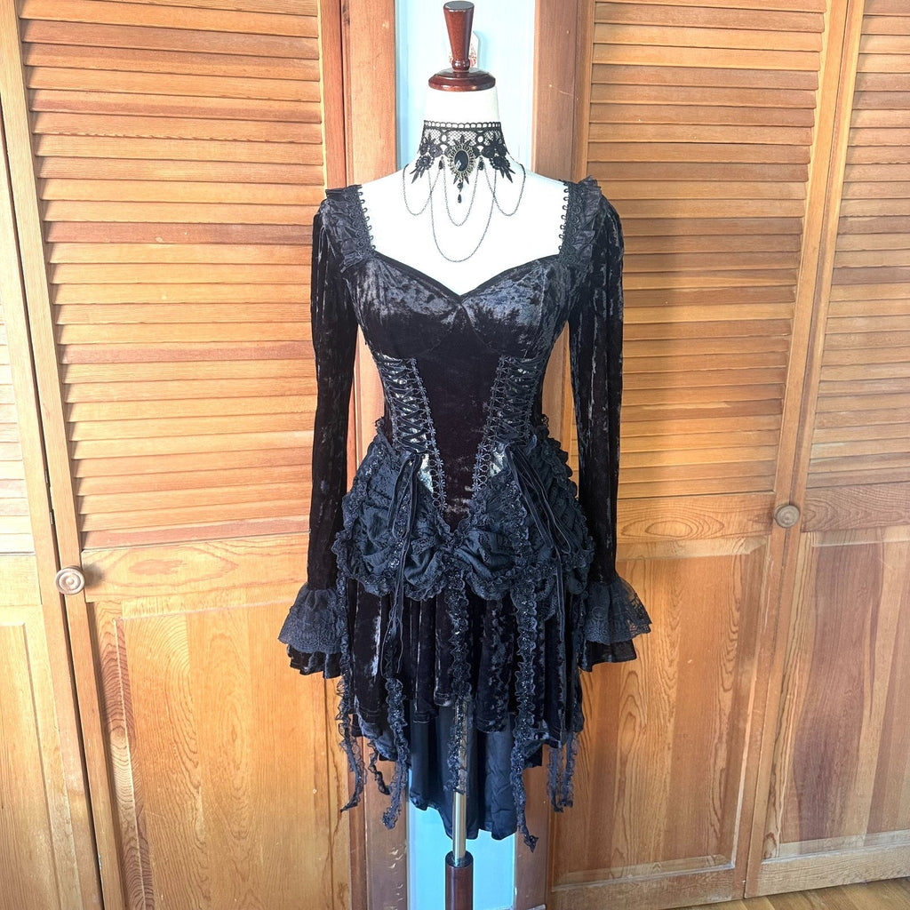 Dark In Love Gothic Victorian Dark Fairy Fare Black Velvet Lace Up Dress