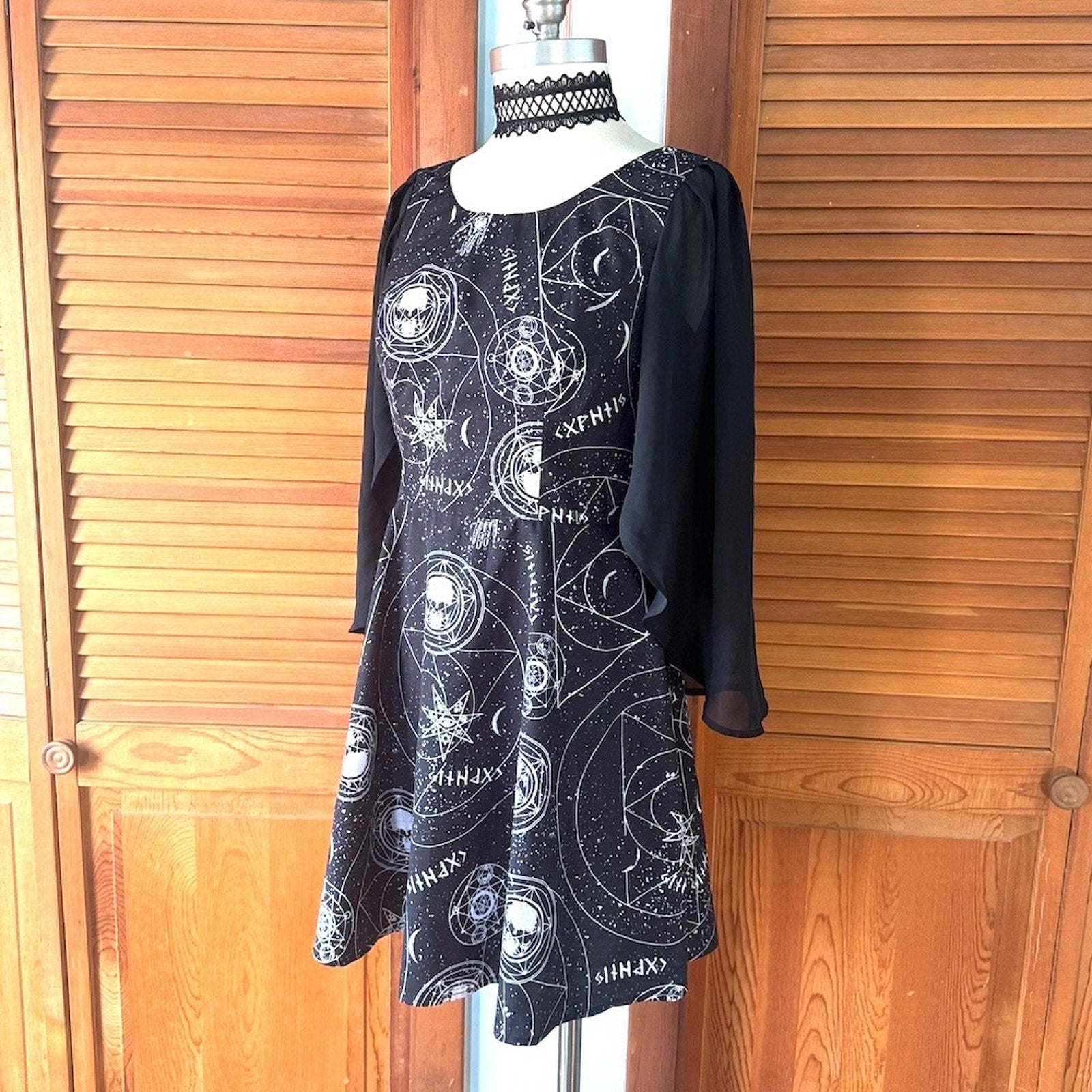 Goth Punk Witchcore Wiccan Skull Astrology Black Batwing Mini Dress M-L