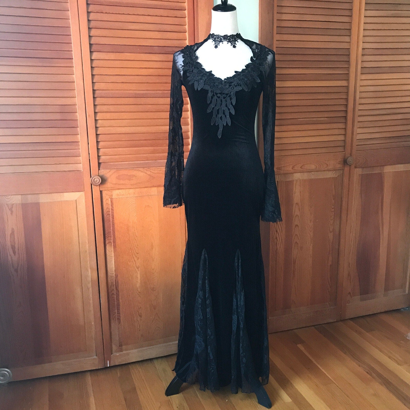 Gothic Victorian Flowers of Evil Black Velvet & Lace Morticia Gown Dress