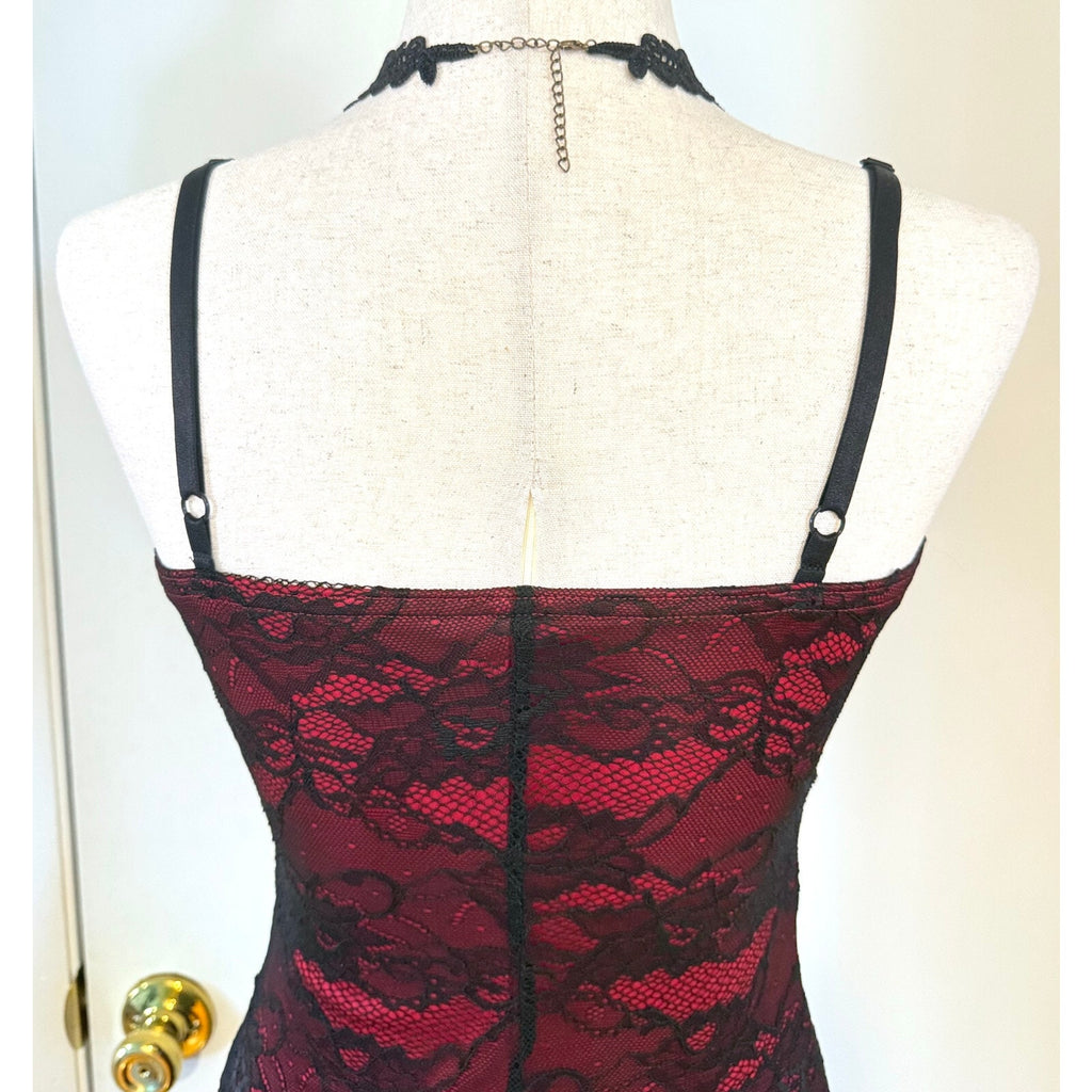 Gothic Victorian Vampire Lace Me Up Red Black Lace Over Long Gown Dress S