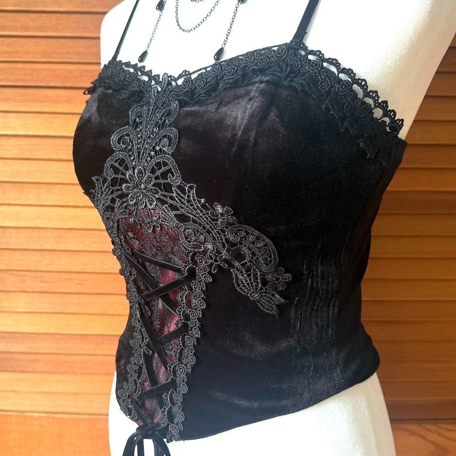 Dark in Love Gothic Victorian Blood Offering Black Red Velvet & Lace Cami Top