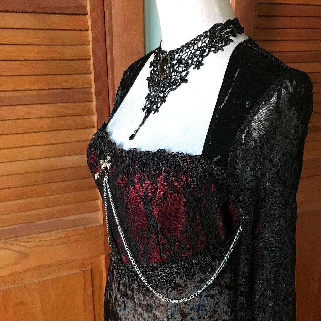 Gothic Victorian Scarlet Dreams Black Velvet & Lace Chain Cross Gown Dress