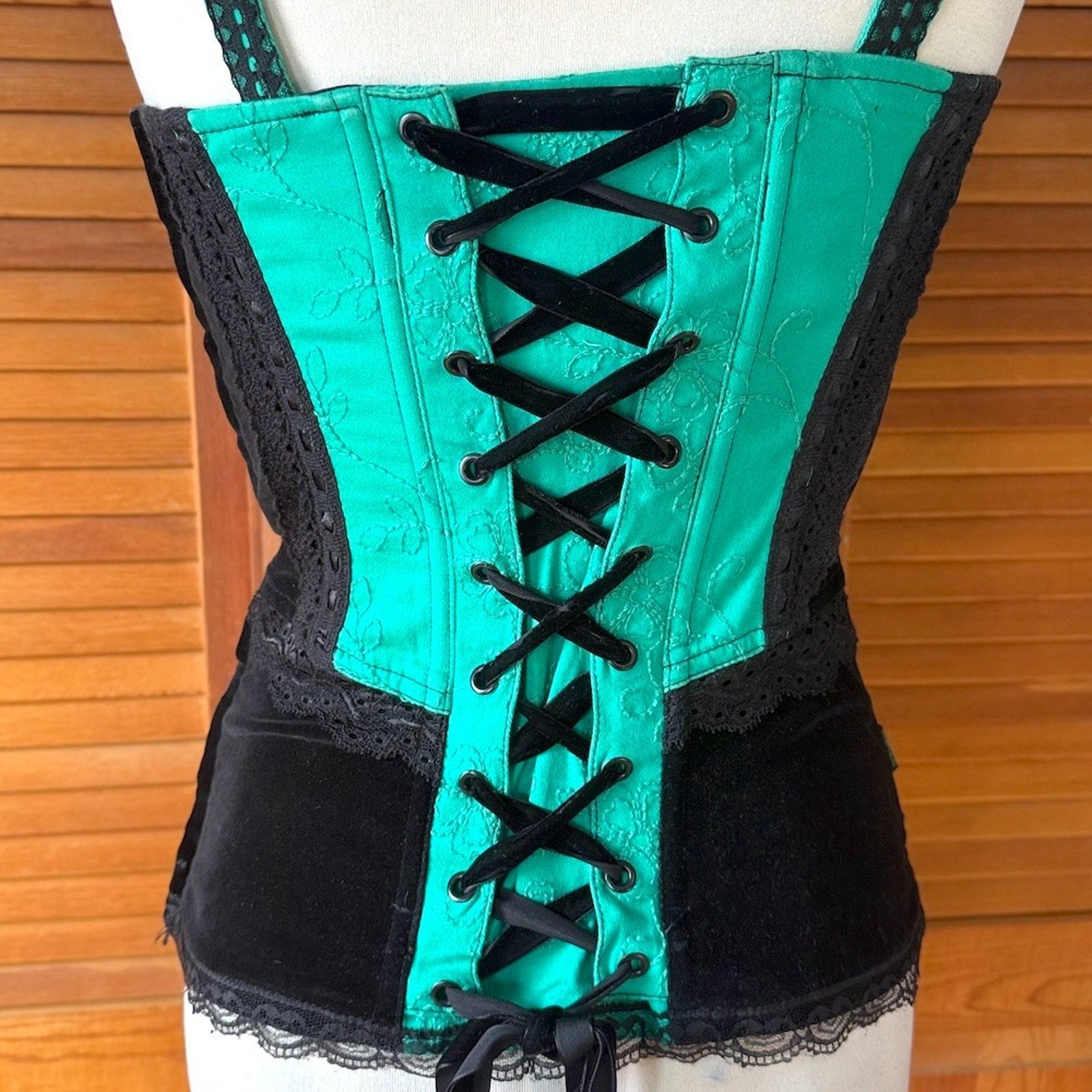 Vintage Tripp NYC Black Velvet Green Jacquard Lace Up Front & Back Corset Top M