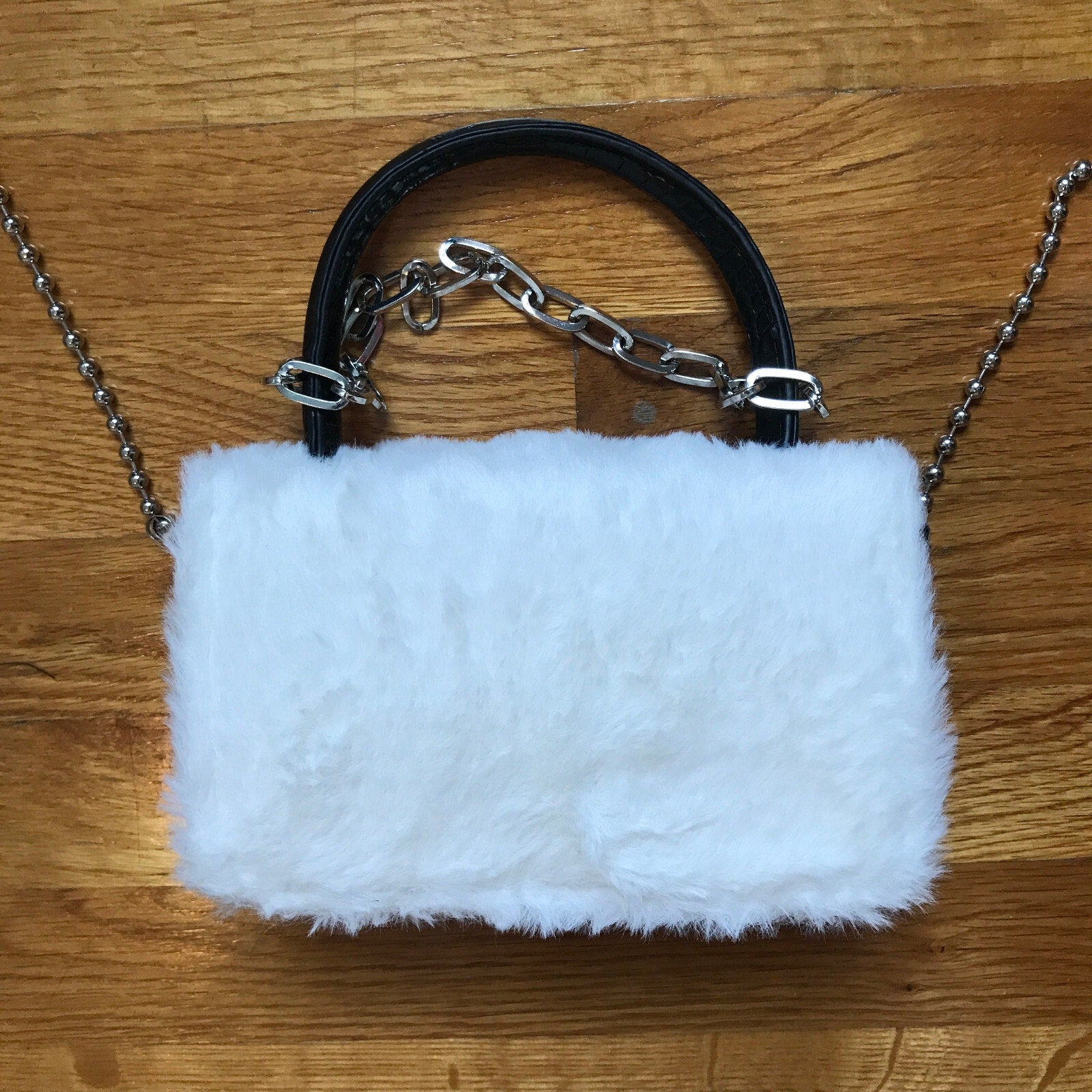 Gothic Punk Victorian Vkei Faux Fur Black Faux Leather Cross Chain Purse Bag