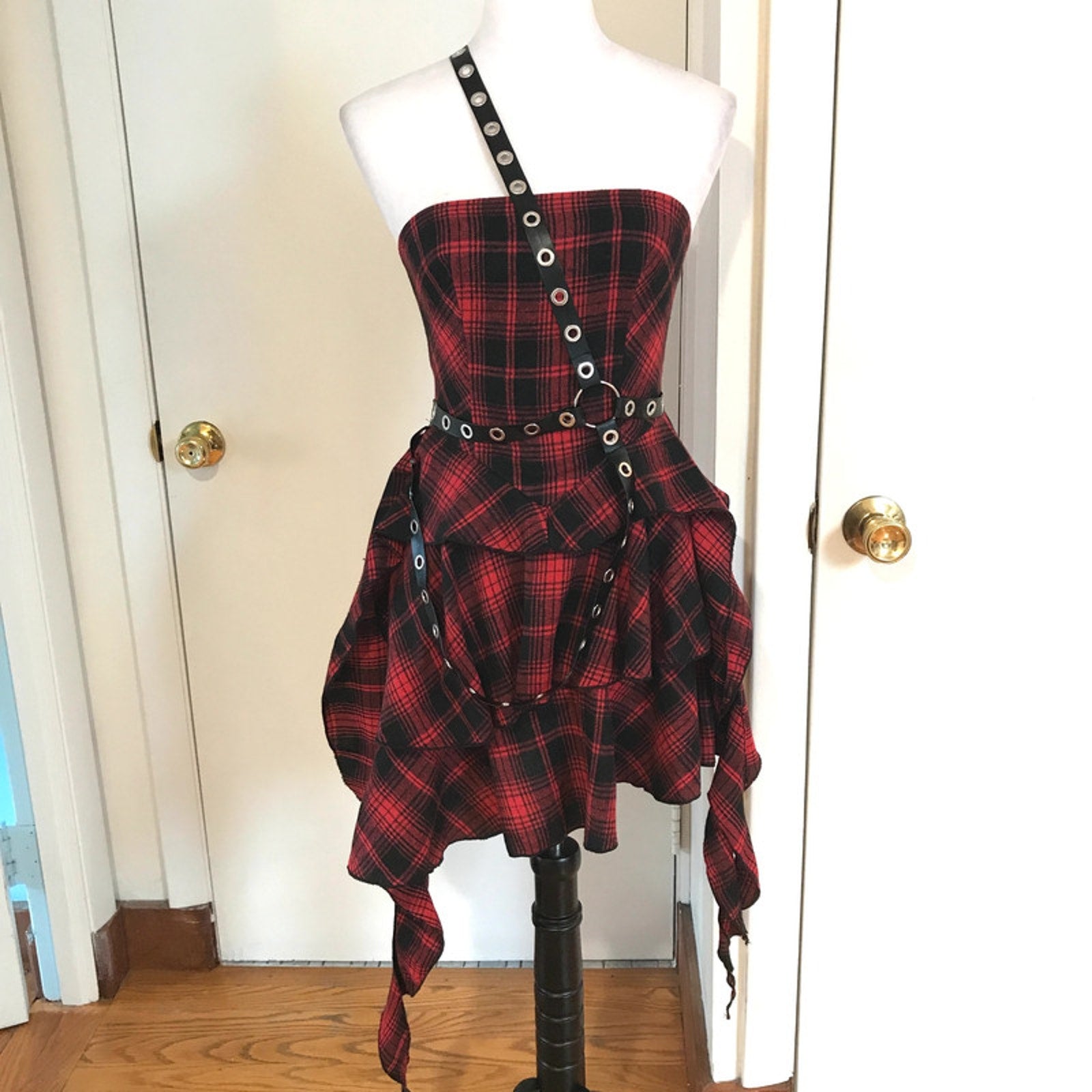 Punk Goth Visual Kei Red Plaid Tartan Pixie Hem Shoulder Strap Dress S