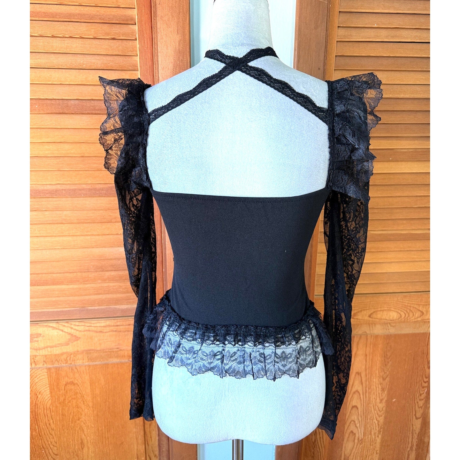 Gothic Victorian Vampire Cross Black & Red Lace Trim Long Sleeve Top