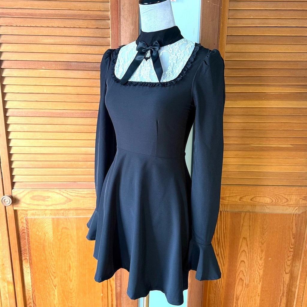 Dolls Kill Gothic Lolita Wednesday Addams Pentagram Bat White Lace Bow Dress S