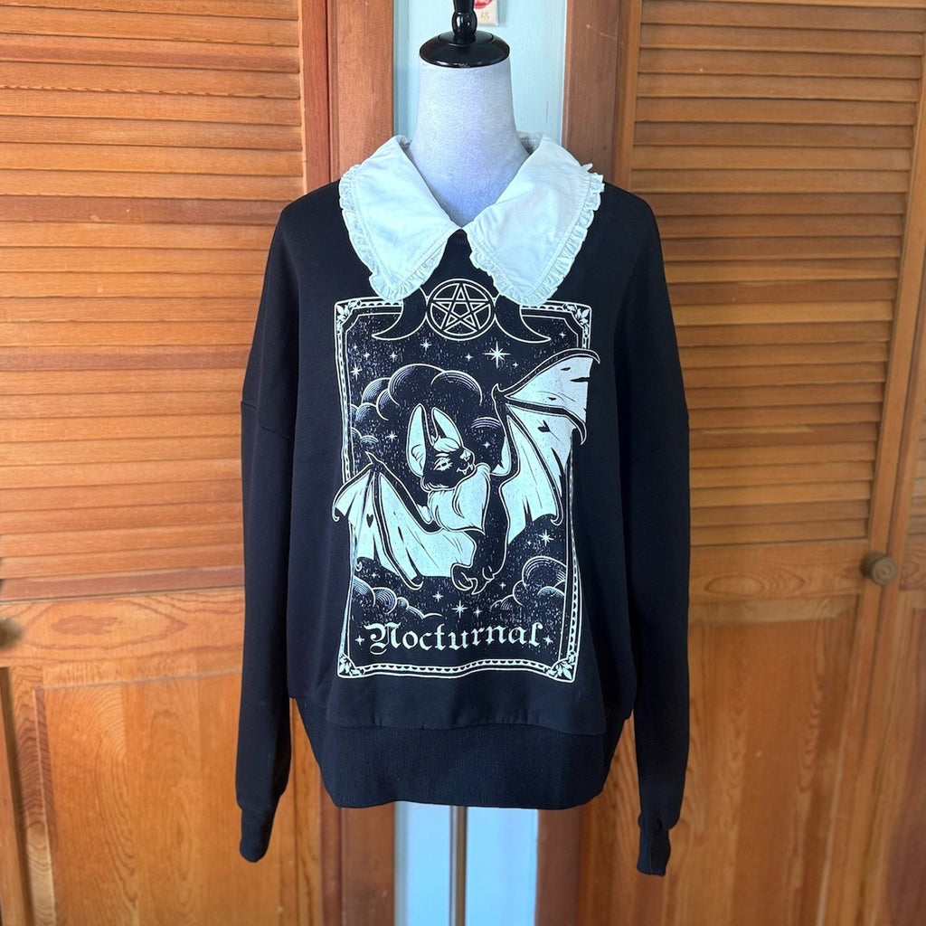 Dolls Kill Punk Goth Nocturnal Bat Tarot Black Sweatshirt w/ White Collar XS-M