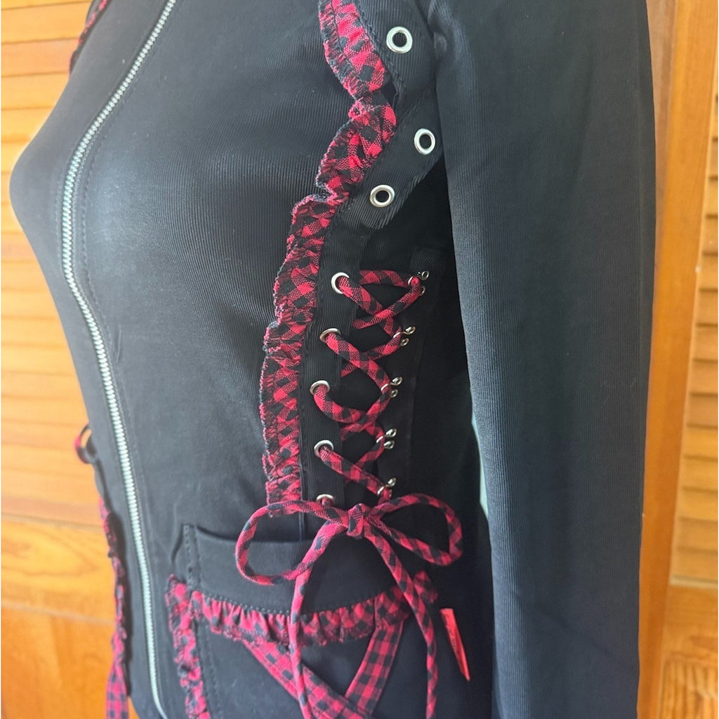 Tripp NYC Gothic Lolita Punk Black & Red Plaid Accents Lace-Up Sides Hoodie