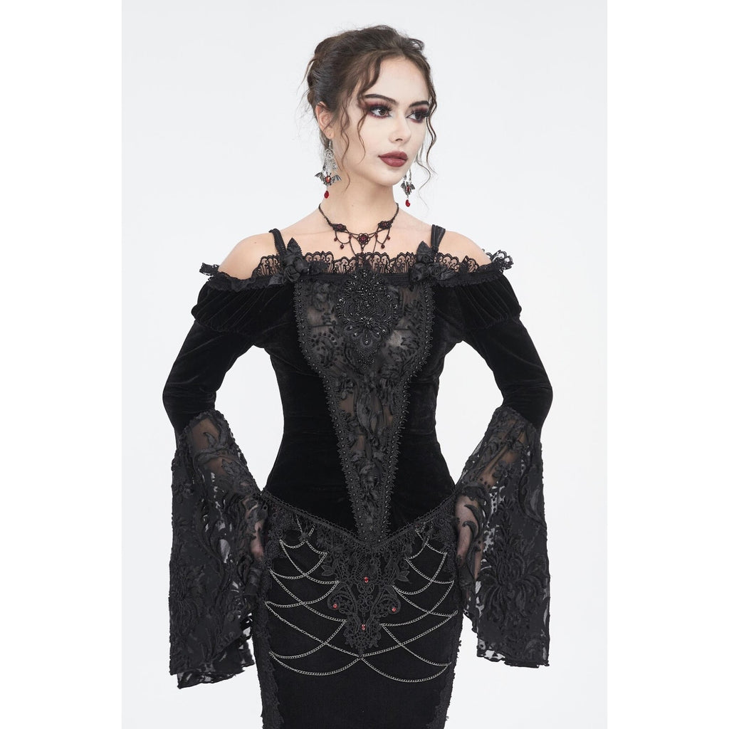 Devil Fashion Gothic Victorian Vampire Black Velvet Beaded Rose & Lace Top