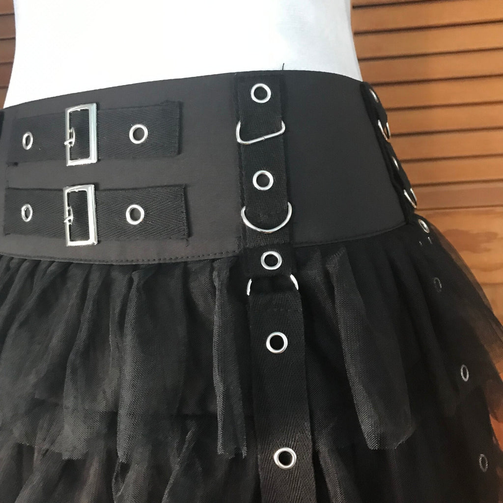 Goth Punk Visual Kei Black Buckle & Strap Ruffle Mini Skirt S