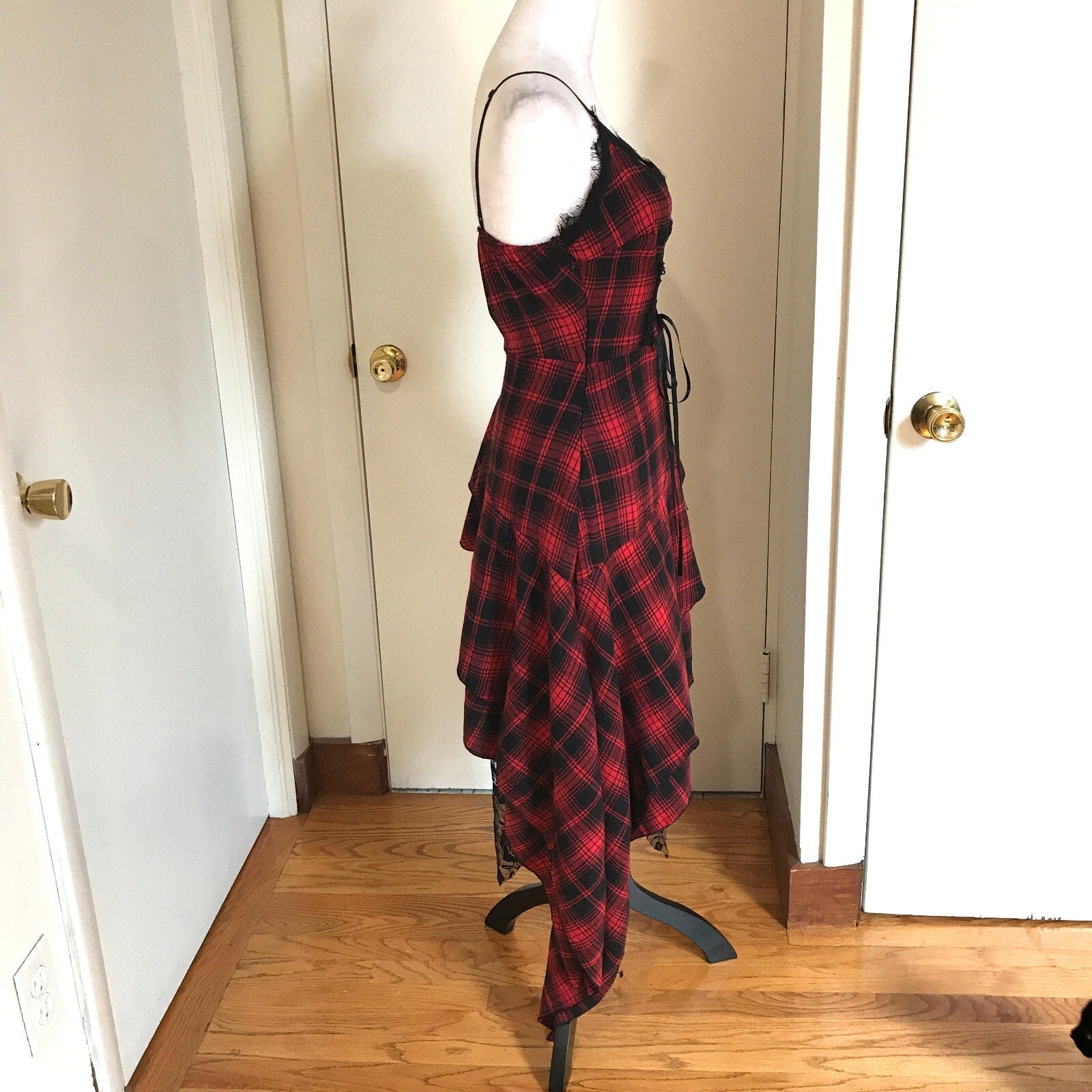 Punk Goth Visual Kei Red & Black Plaid Tartan Asymmetrical Hem Dress S