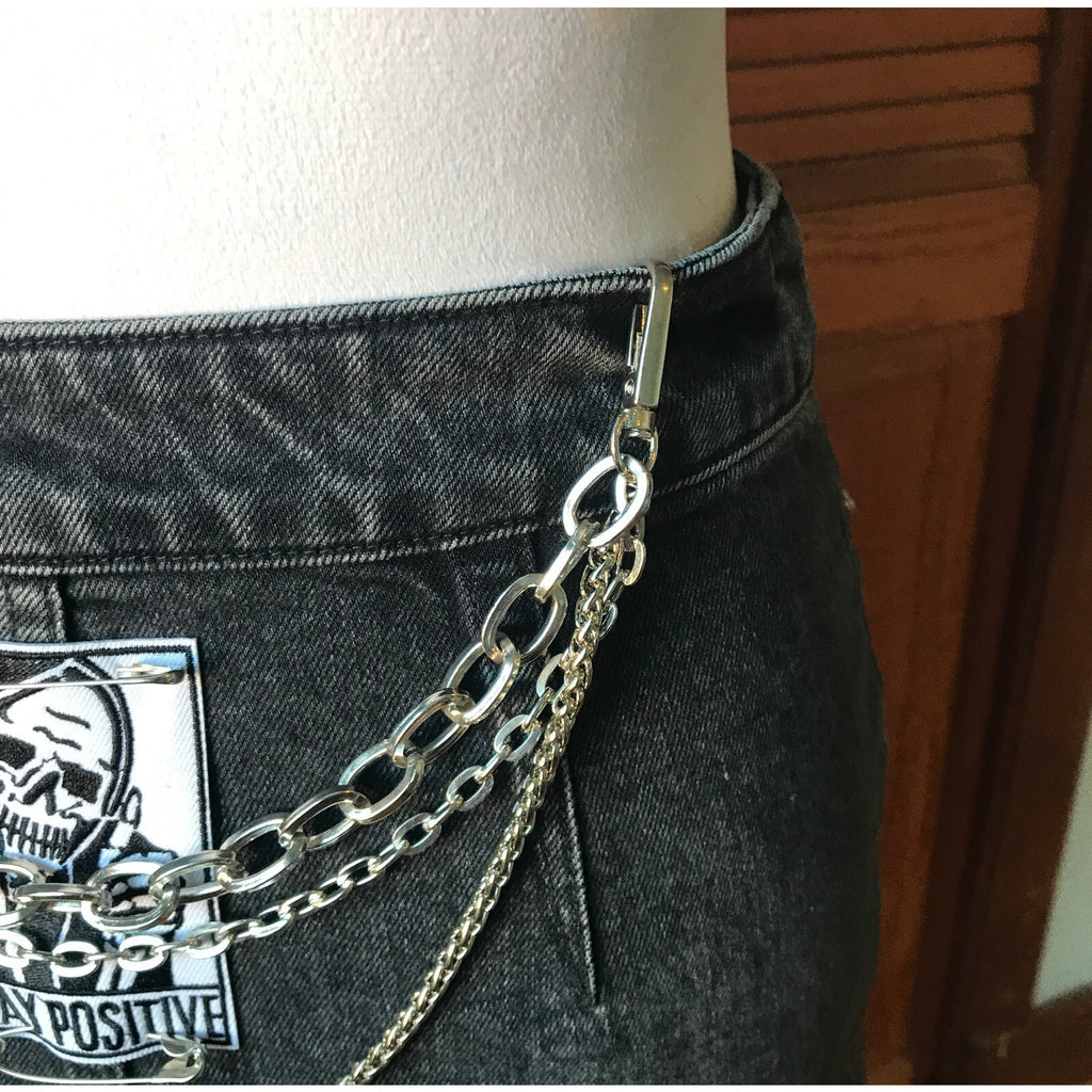 Punk Goth Dark Gray Denim Patches, Safety Pins & Chains Skirt XS 0