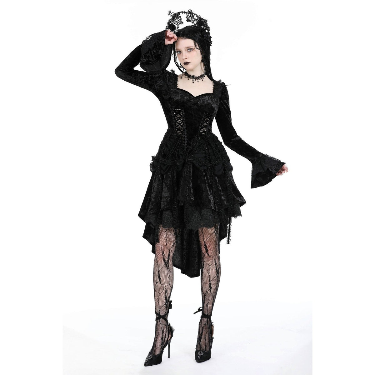 Dark In Love Gothic Victorian Dark Fairy Fare Black Velvet Lace Up Dress